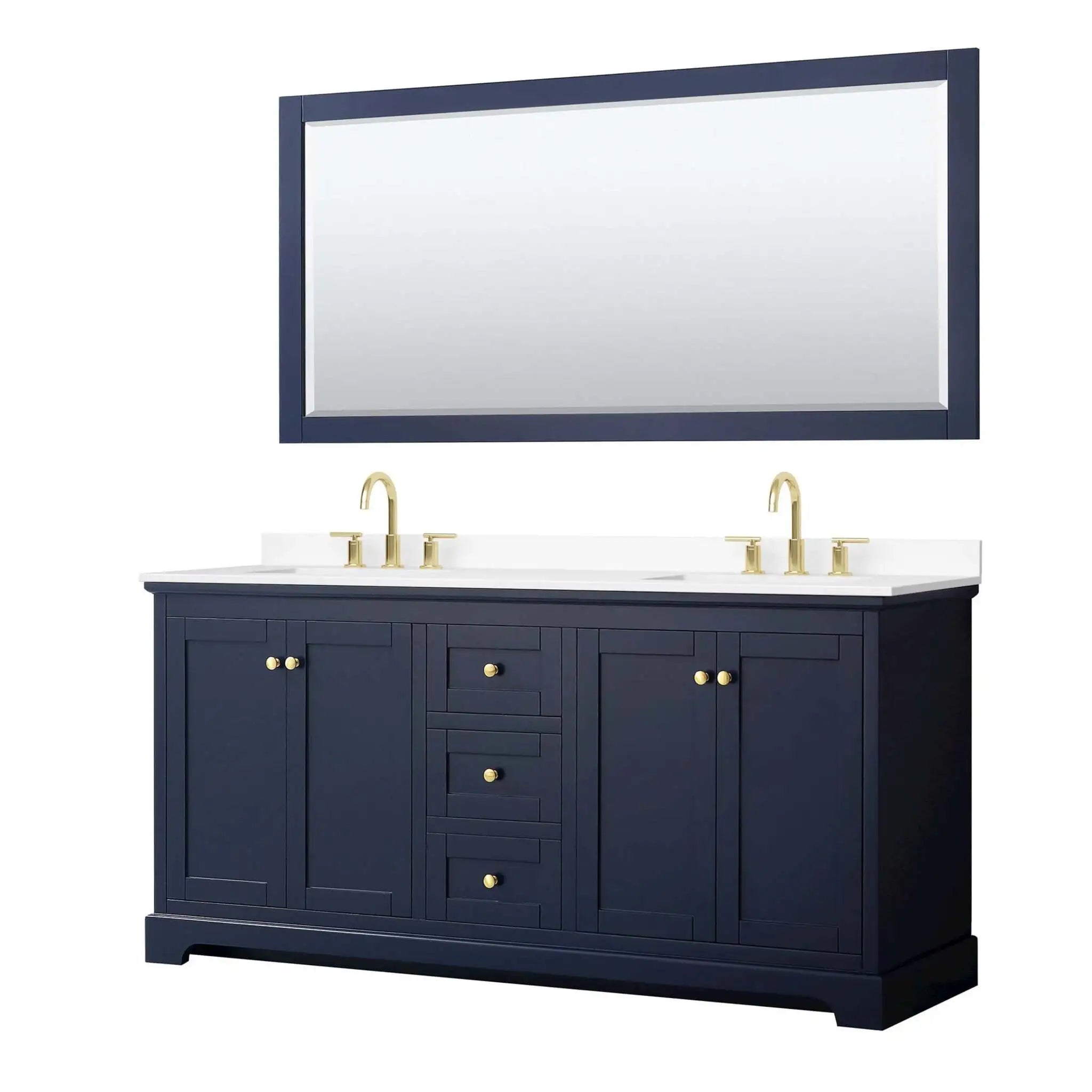 72" Avery Double Bathroom Vanity in Dark Blue with Brushed Gold Trim & 70" Mirror by Wyndham