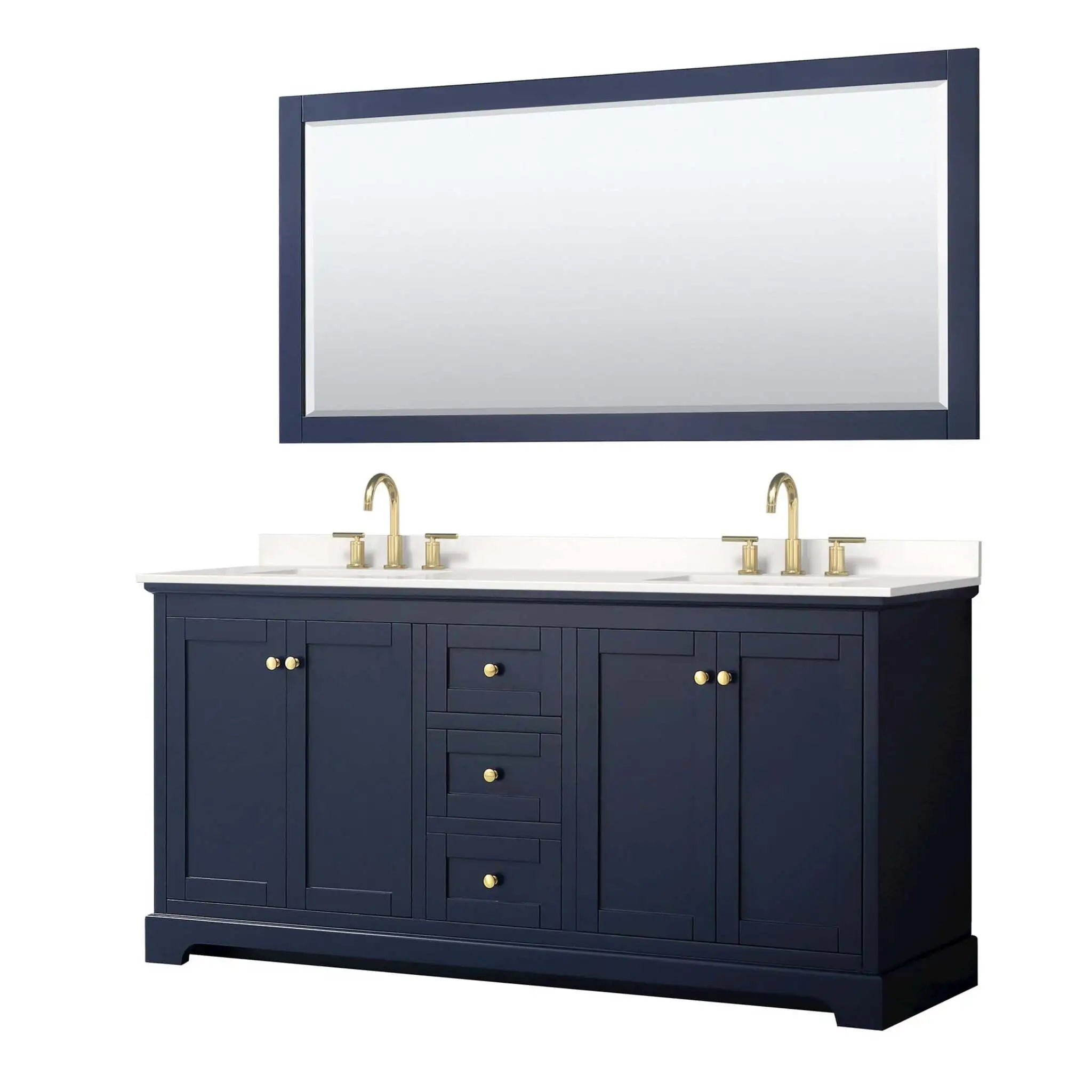 72" Avery Double Bathroom Vanity in Dark Blue with Brushed Gold Trim & 70" Mirror by Wyndham