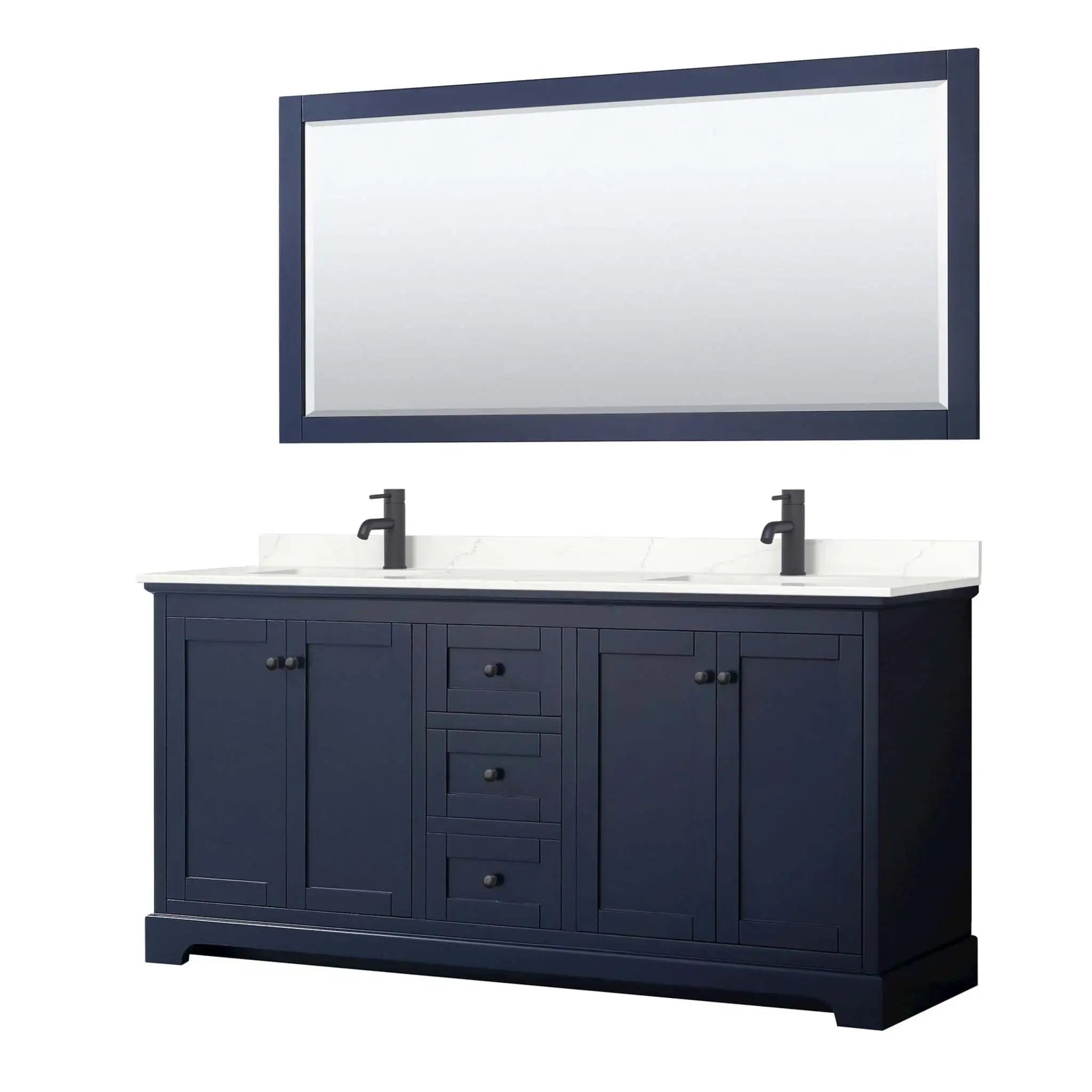 72" Avery Double Bathroom Vanity in Dark Blue with Matte Black Trim & 70" Mirror by Wyndham