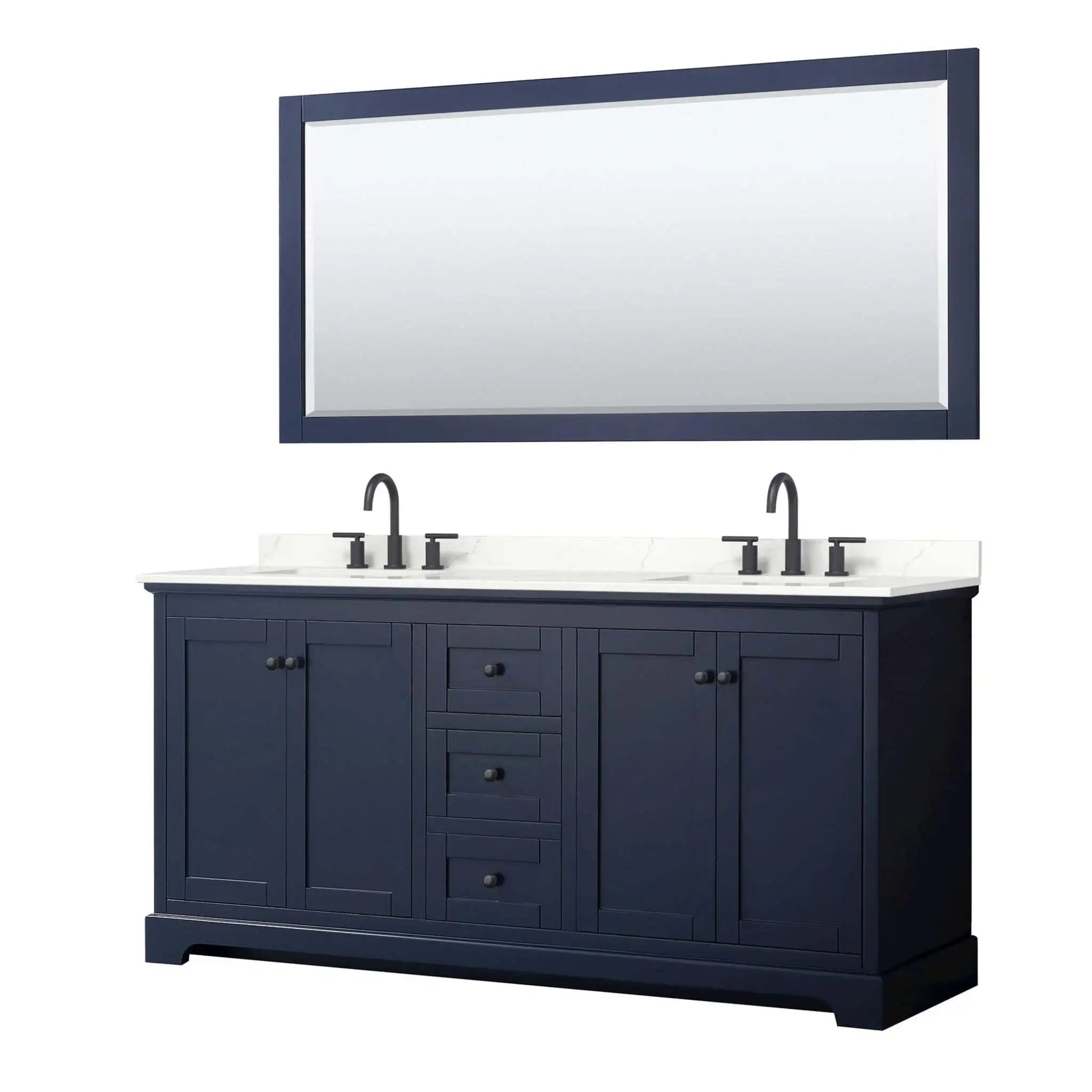 72" Avery Double Bathroom Vanity in Dark Blue with Matte Black Trim & 70" Mirror by Wyndham