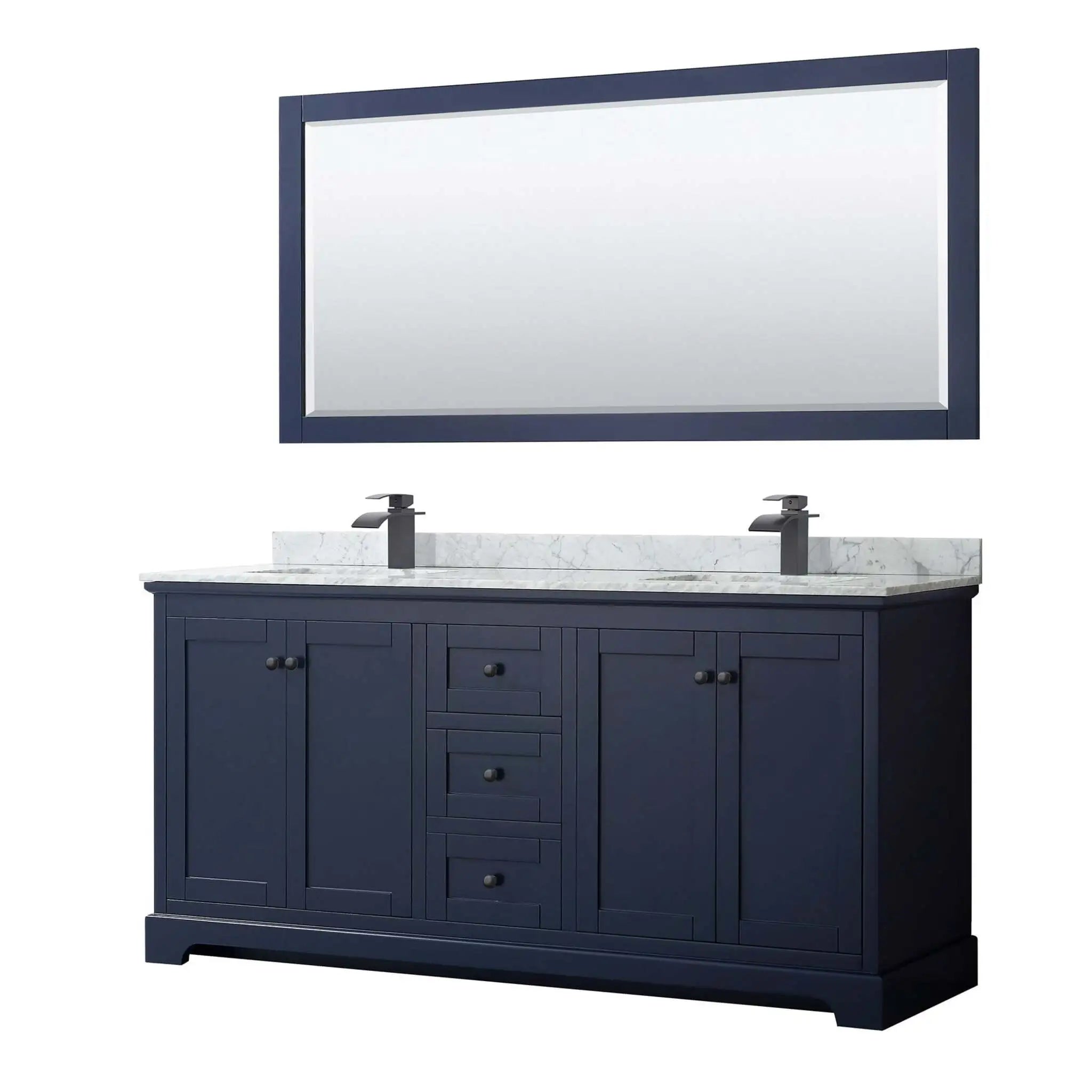 72" Avery Double Bathroom Vanity in Dark Blue with Matte Black Trim & 70" Mirror by Wyndham