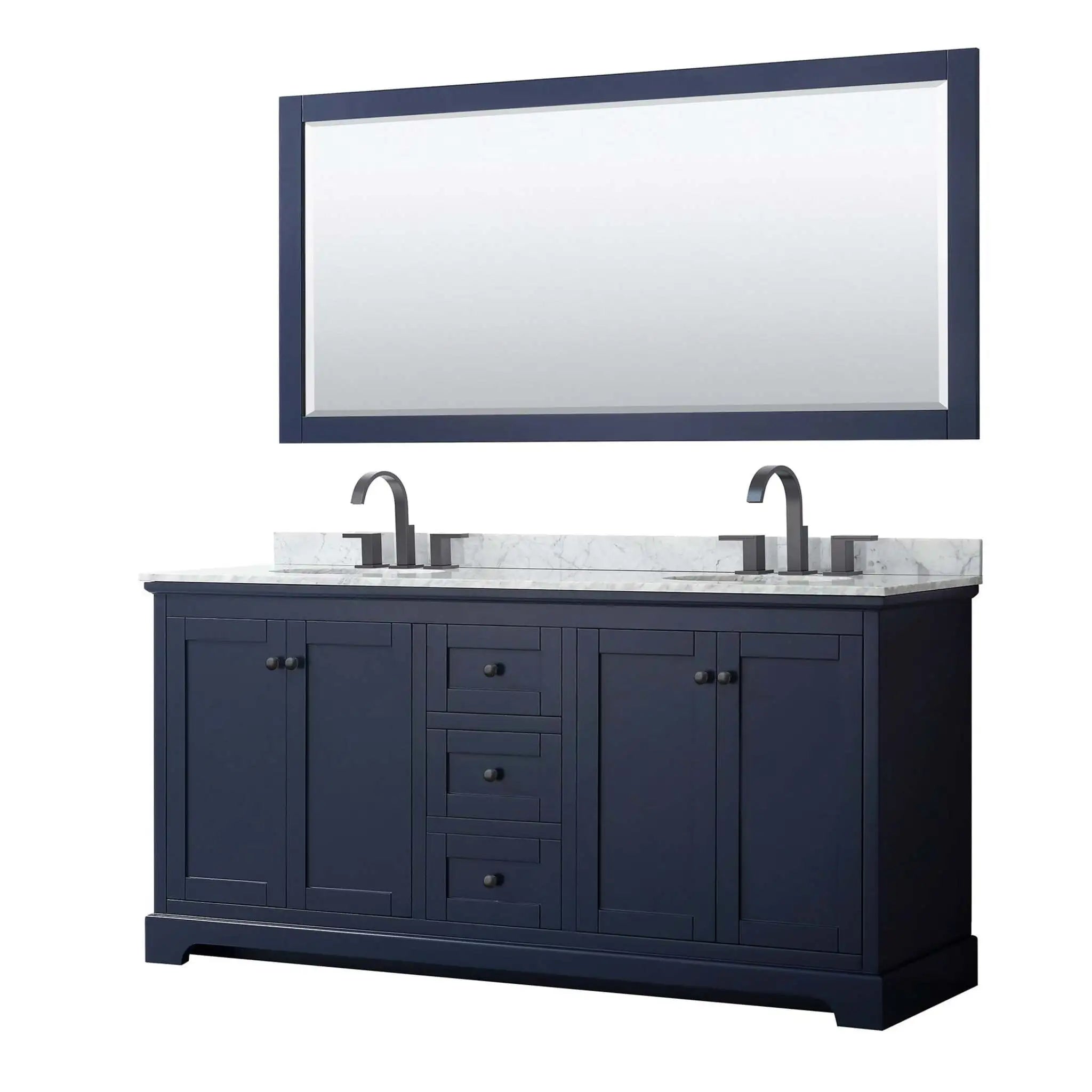 72" Avery Double Bathroom Vanity in Dark Blue with Matte Black Trim & 70" Mirror by Wyndham