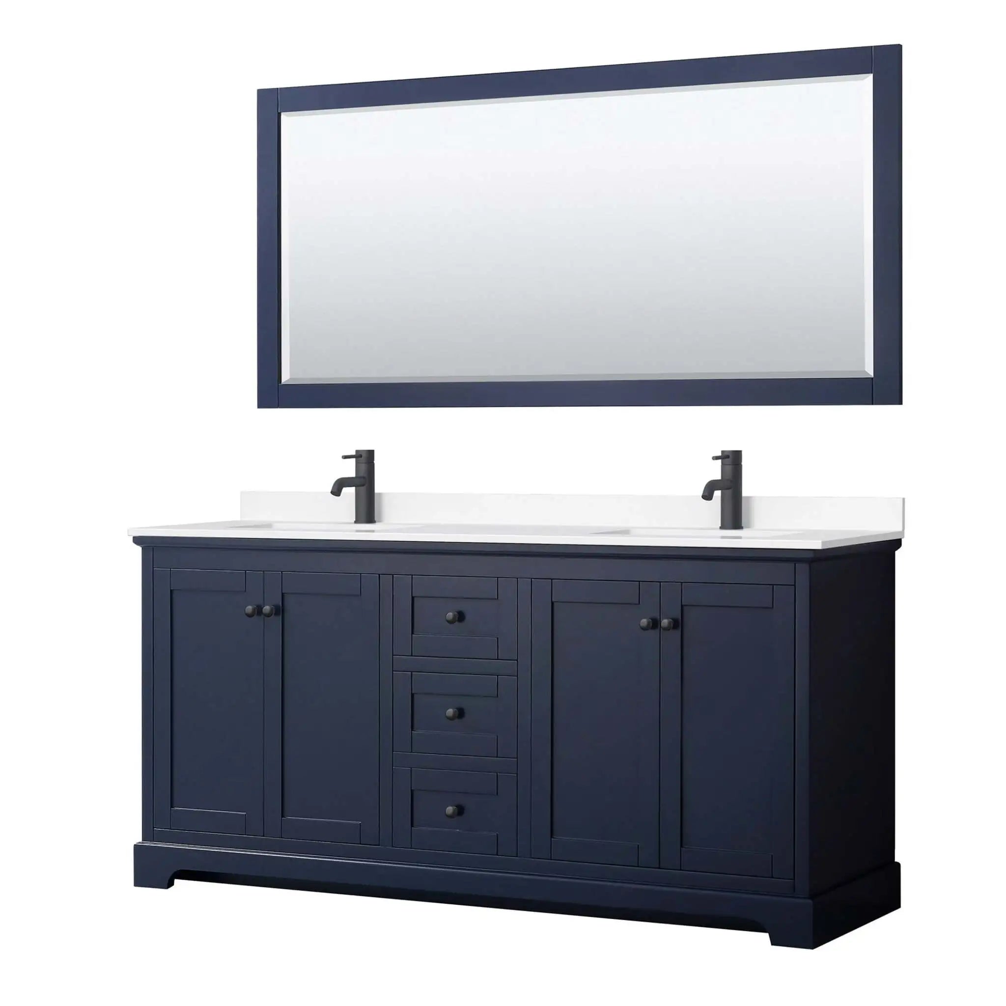 72" Avery Double Bathroom Vanity in Dark Blue with Matte Black Trim & 70" Mirror by Wyndham