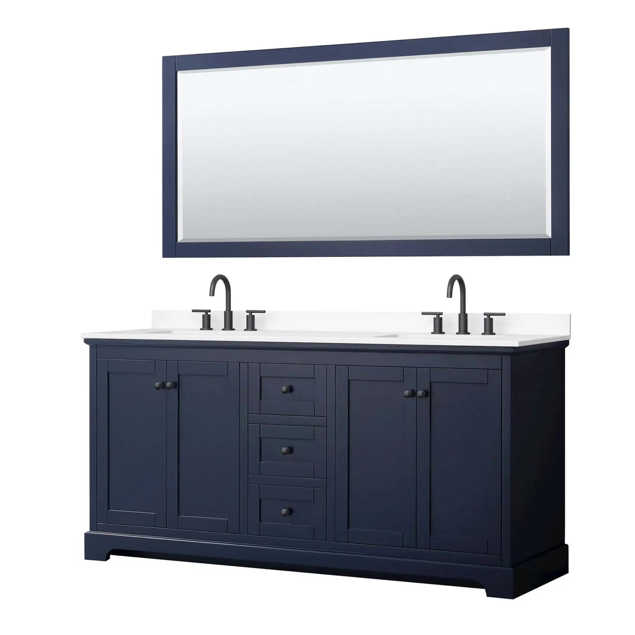 72" Avery Double Bathroom Vanity in Dark Blue with Matte Black Trim & 70" Mirror by Wyndham
