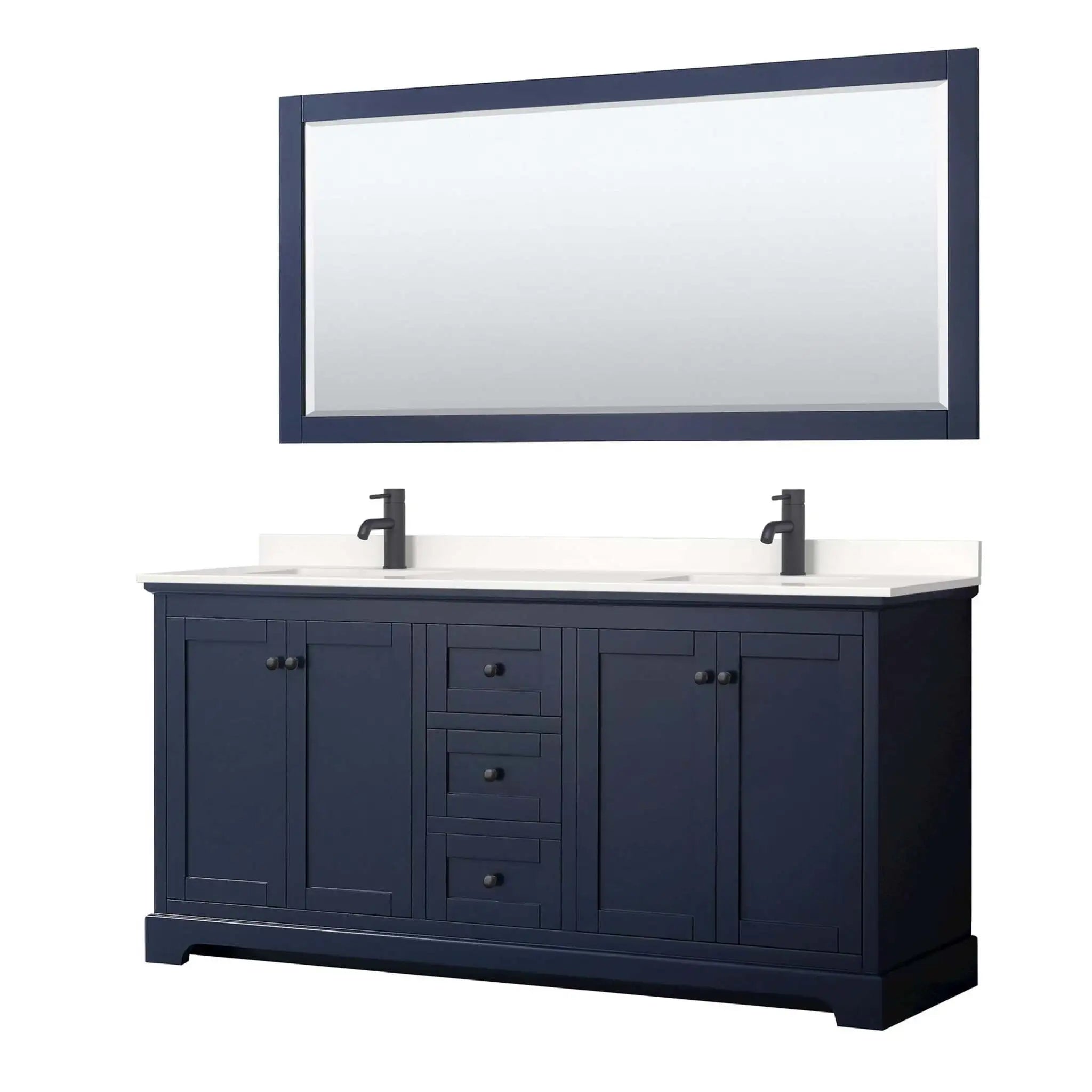 72" Avery Double Bathroom Vanity in Dark Blue with Matte Black Trim & 70" Mirror by Wyndham