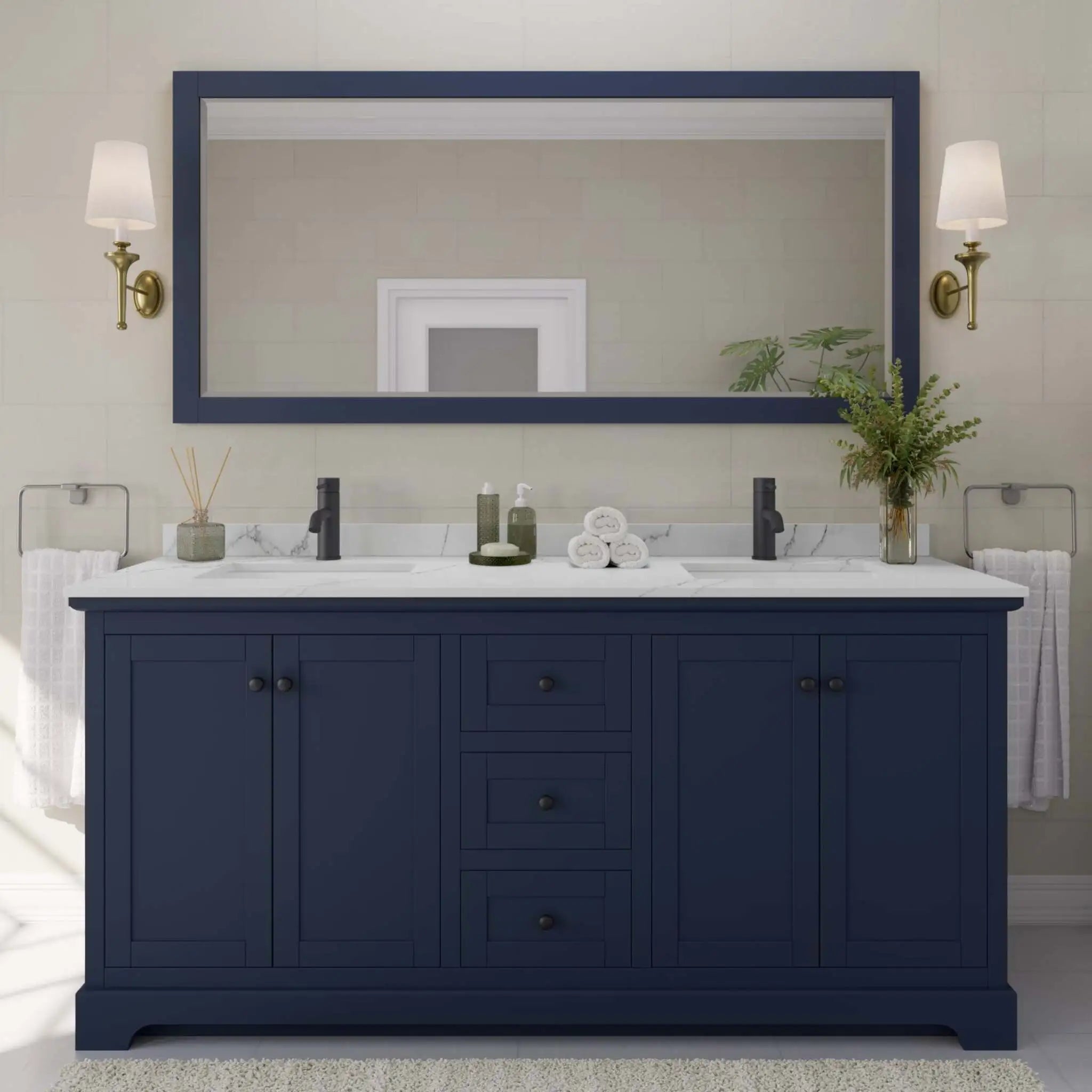72" Avery Double Bathroom Vanity in Dark Blue with Matte Black Trim by Wyndham