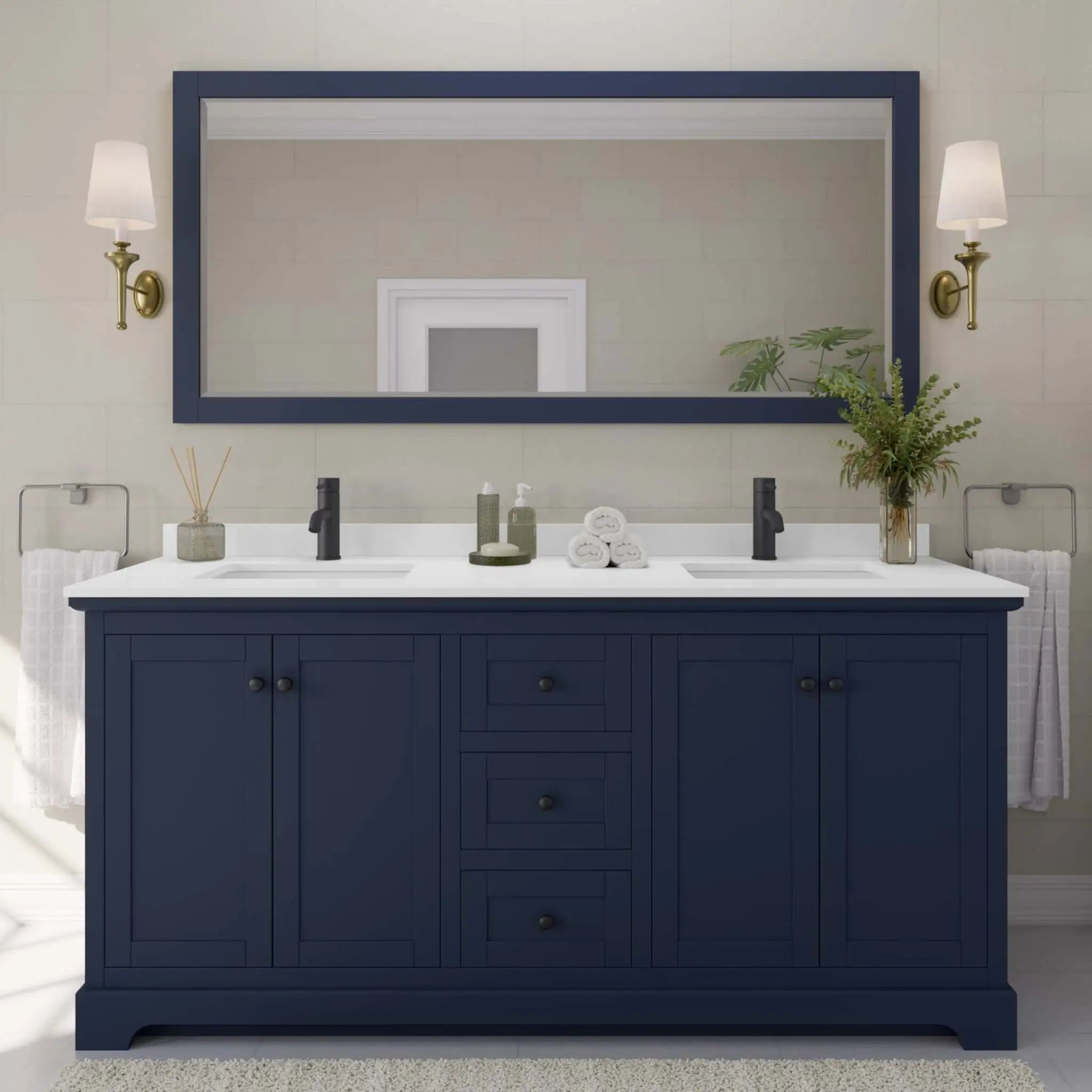 72" Avery Double Bathroom Vanity in Dark Blue with Matte Black Trim by Wyndham