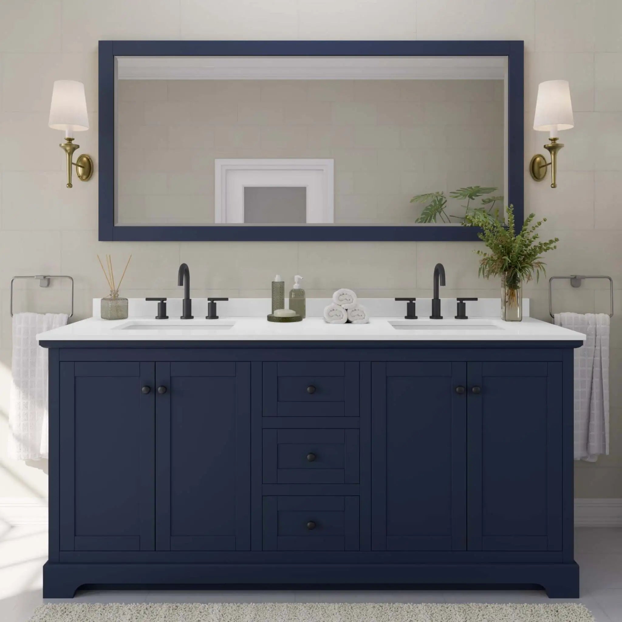 72" Avery Double Bathroom Vanity in Dark Blue with Matte Black Trim by Wyndham