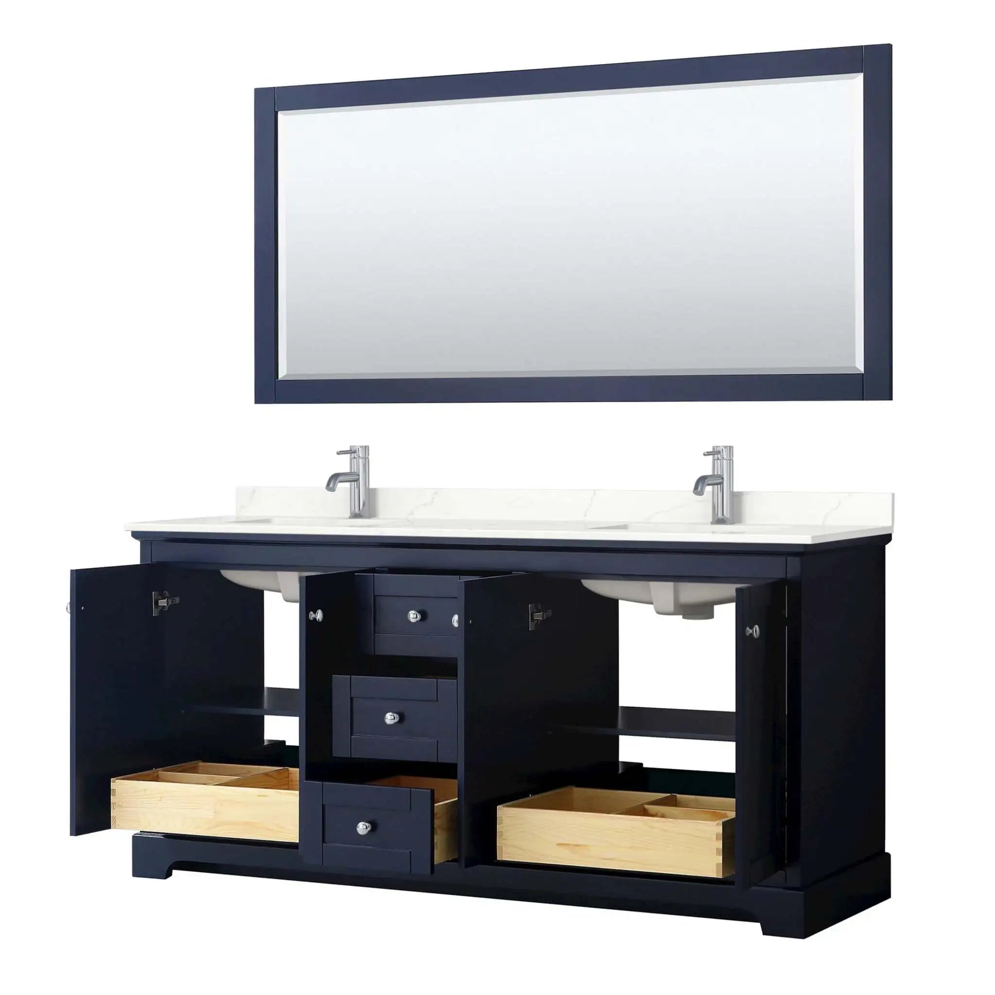 72" Avery Double Bathroom Vanity in Dark Blue with Polished Chrome Trim & 70" Mirror by Wyndham