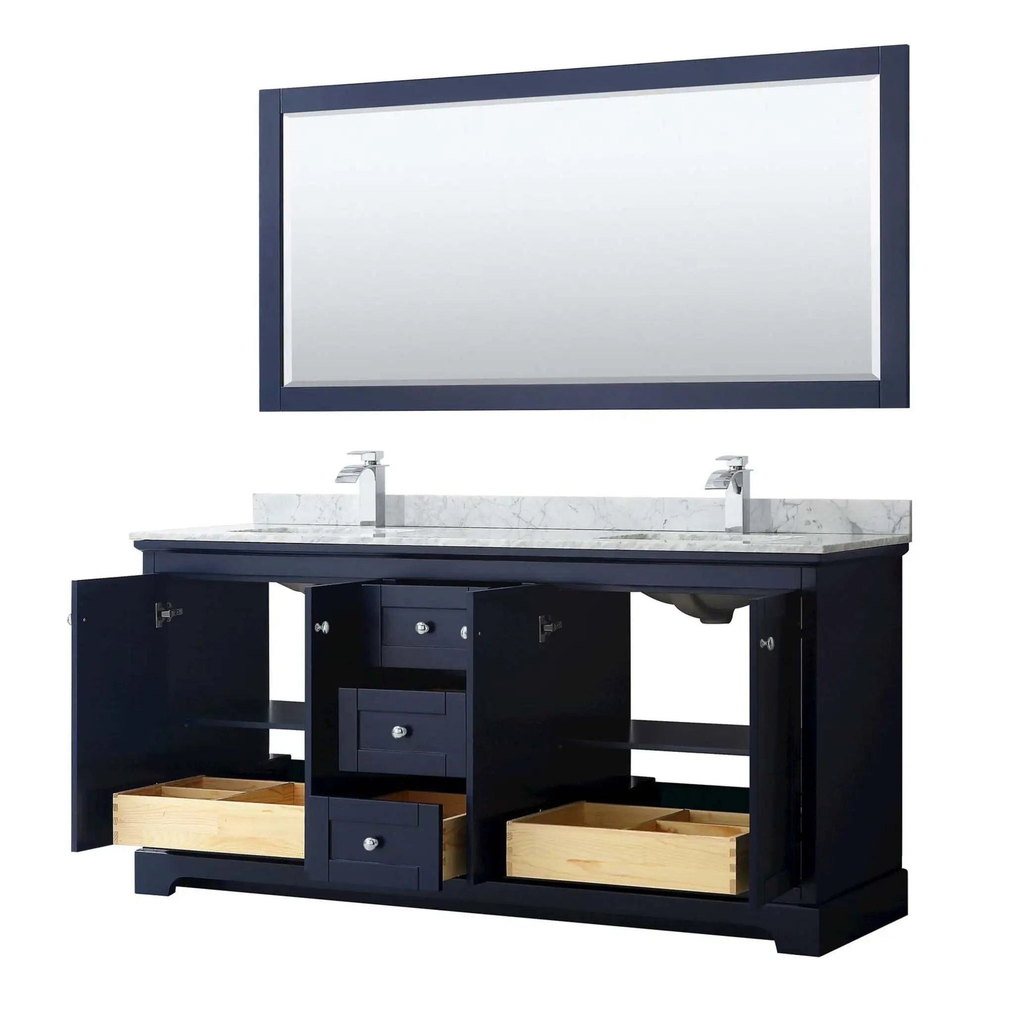 72" Avery Double Bathroom Vanity in Dark Blue with Polished Chrome Trim & 70" Mirror by Wyndham