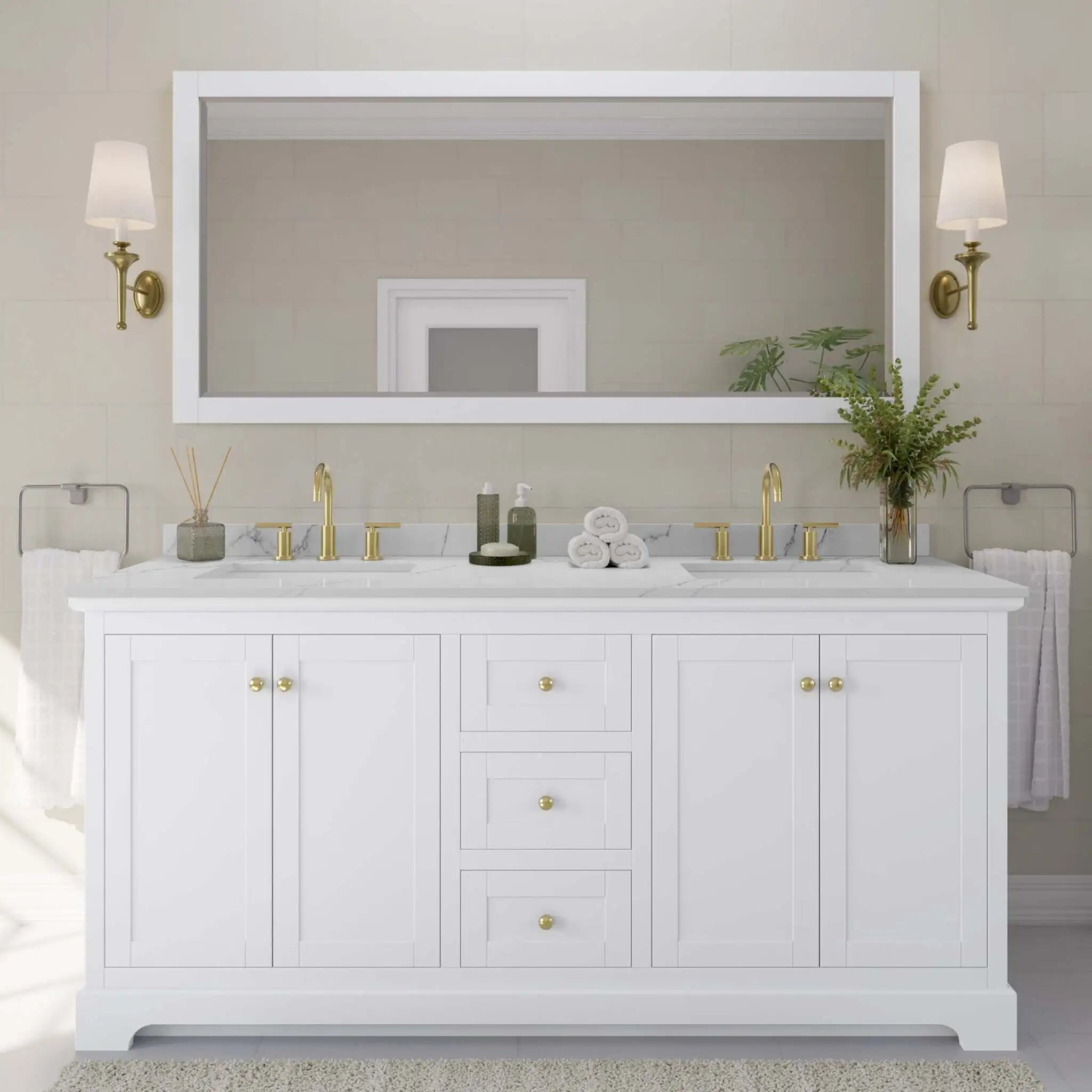 72" Avery Double Bathroom Vanity in White with Brushed Gold Trim & 70" Mirror by Wyndham