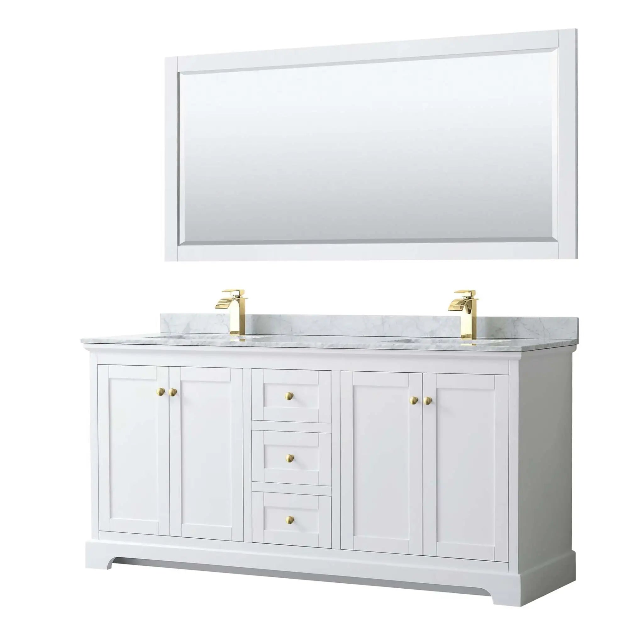 72" Avery Double Bathroom Vanity in White with Brushed Gold Trim & 70" Mirror by Wyndham