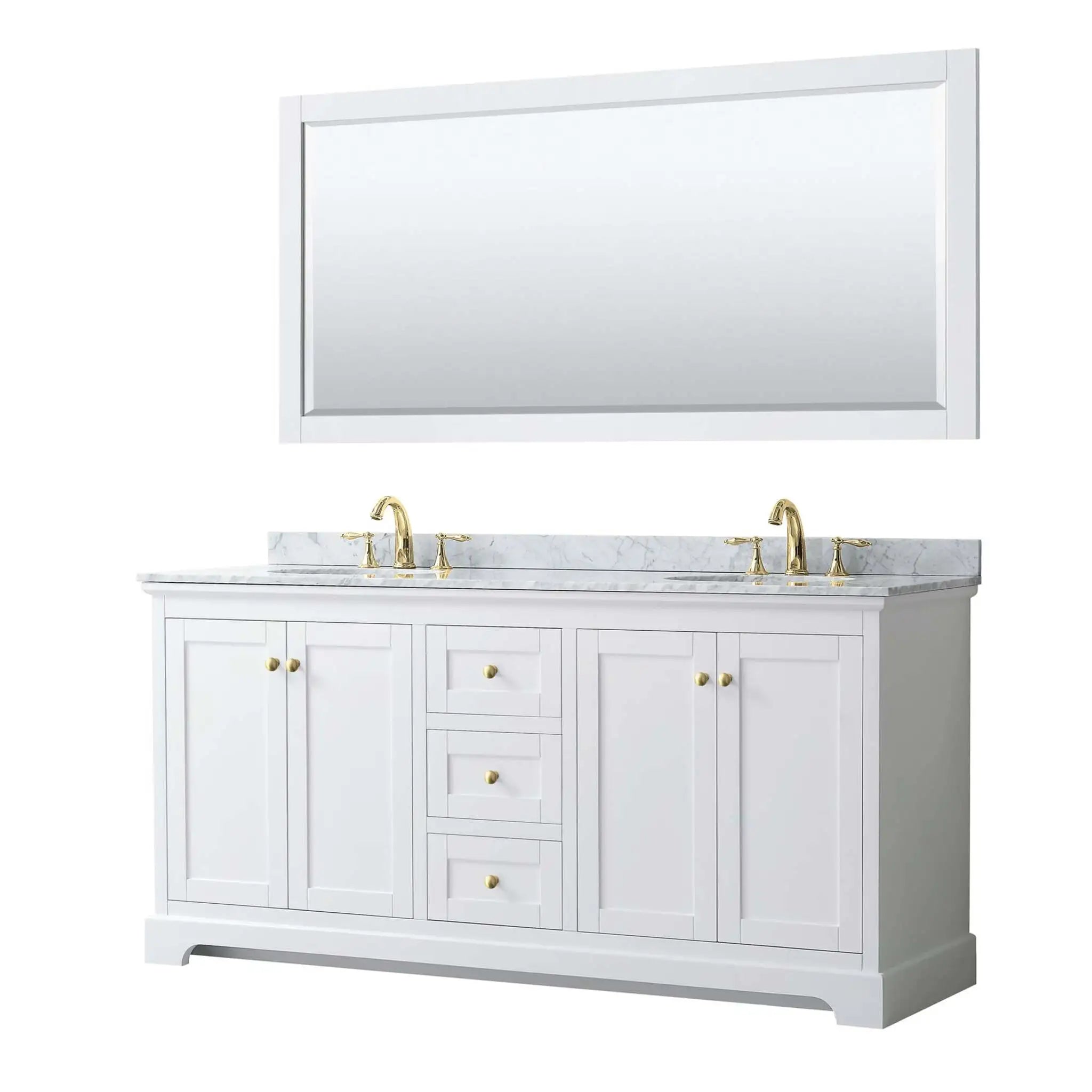 72" Avery Double Bathroom Vanity in White with Brushed Gold Trim & 70" Mirror by Wyndham