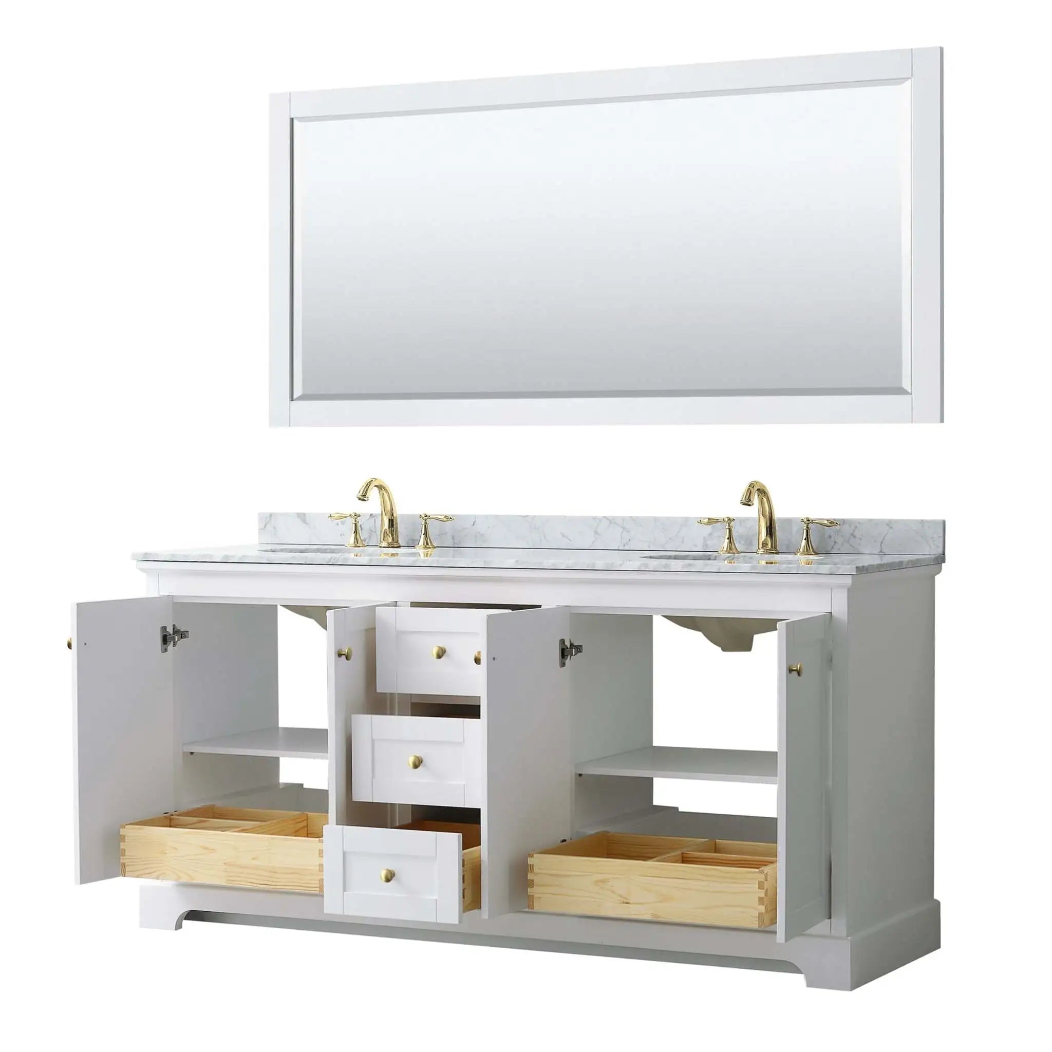 72" Avery Double Bathroom Vanity in White with Brushed Gold Trim & 70" Mirror by Wyndham