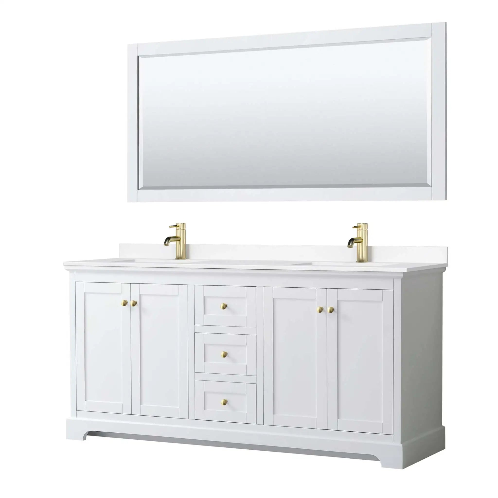 72" Avery Double Bathroom Vanity in White with Brushed Gold Trim & 70" Mirror by Wyndham