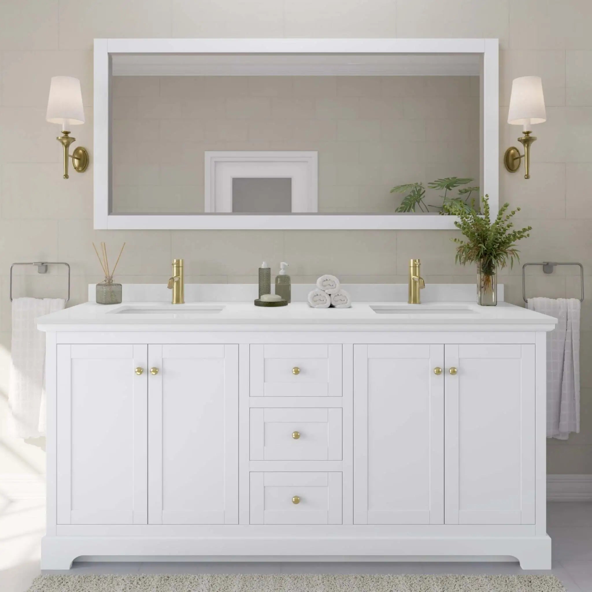 72" Avery Double Bathroom Vanity in White with Brushed Gold Trim by Wyndham