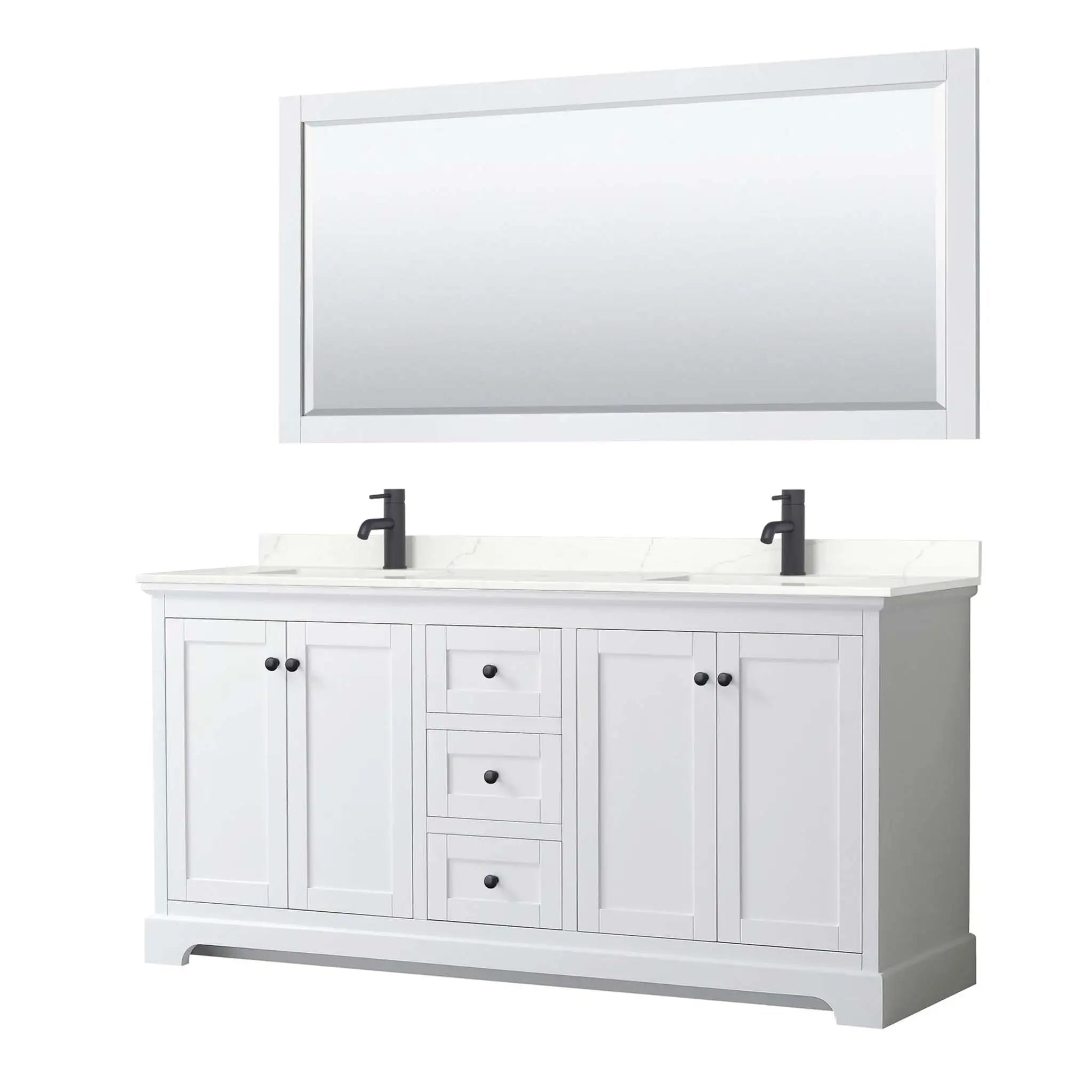 72" Avery Double Bathroom Vanity in White with Matte Black Trim & 70" Mirror by Wyndham