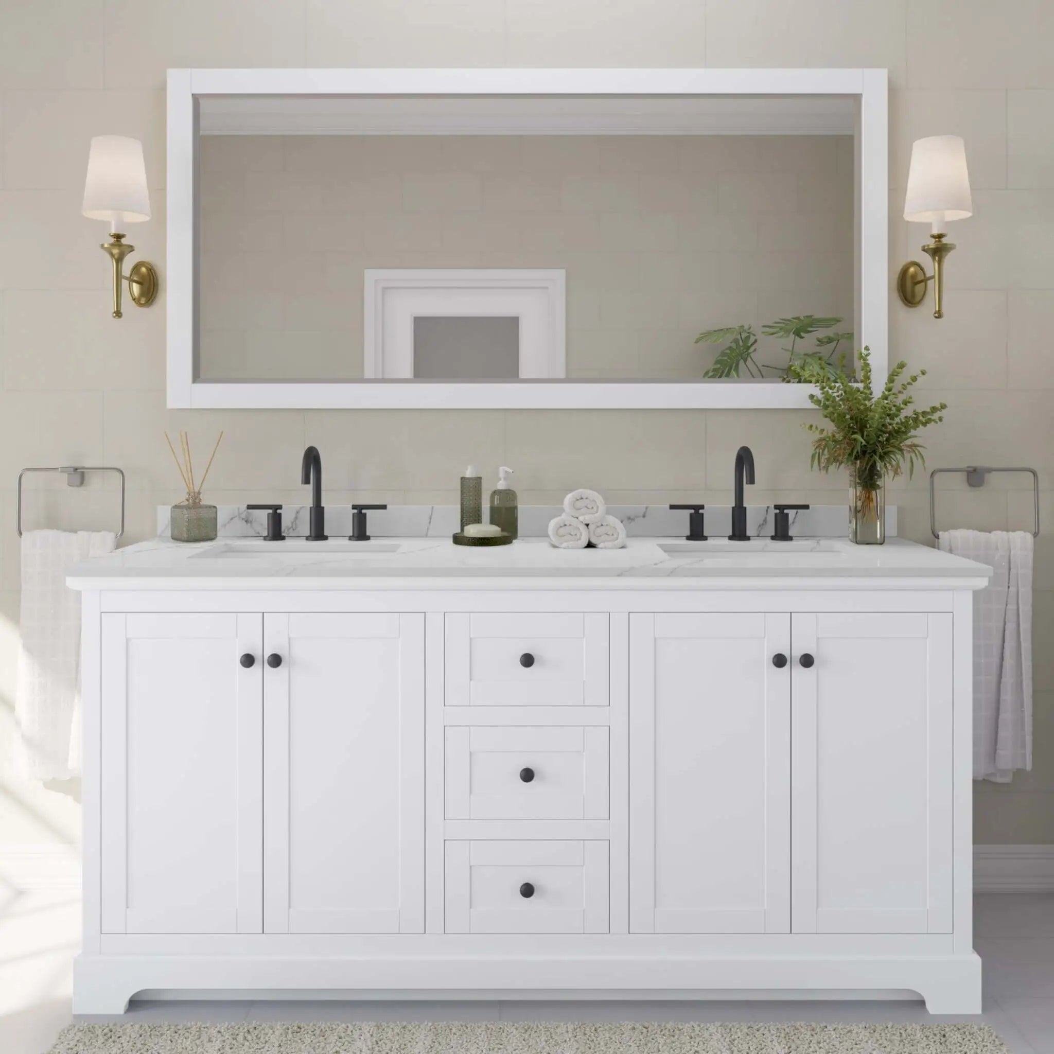 72" Avery Double Bathroom Vanity in White with Matte Black Trim by Wyndham