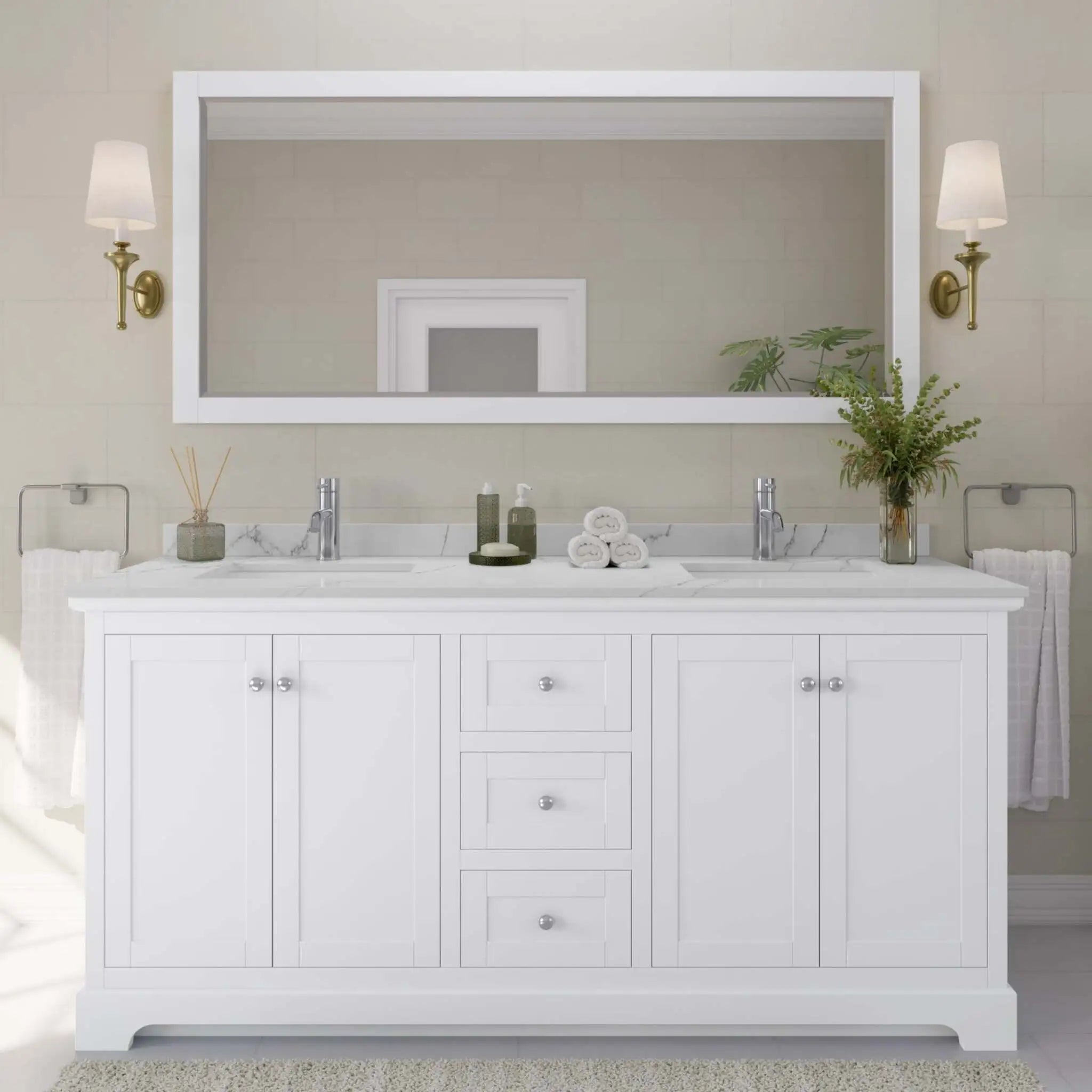 72" Avery Double Bathroom Vanity in White with Polished Chrome Trim & 70" Mirror by Wyndham