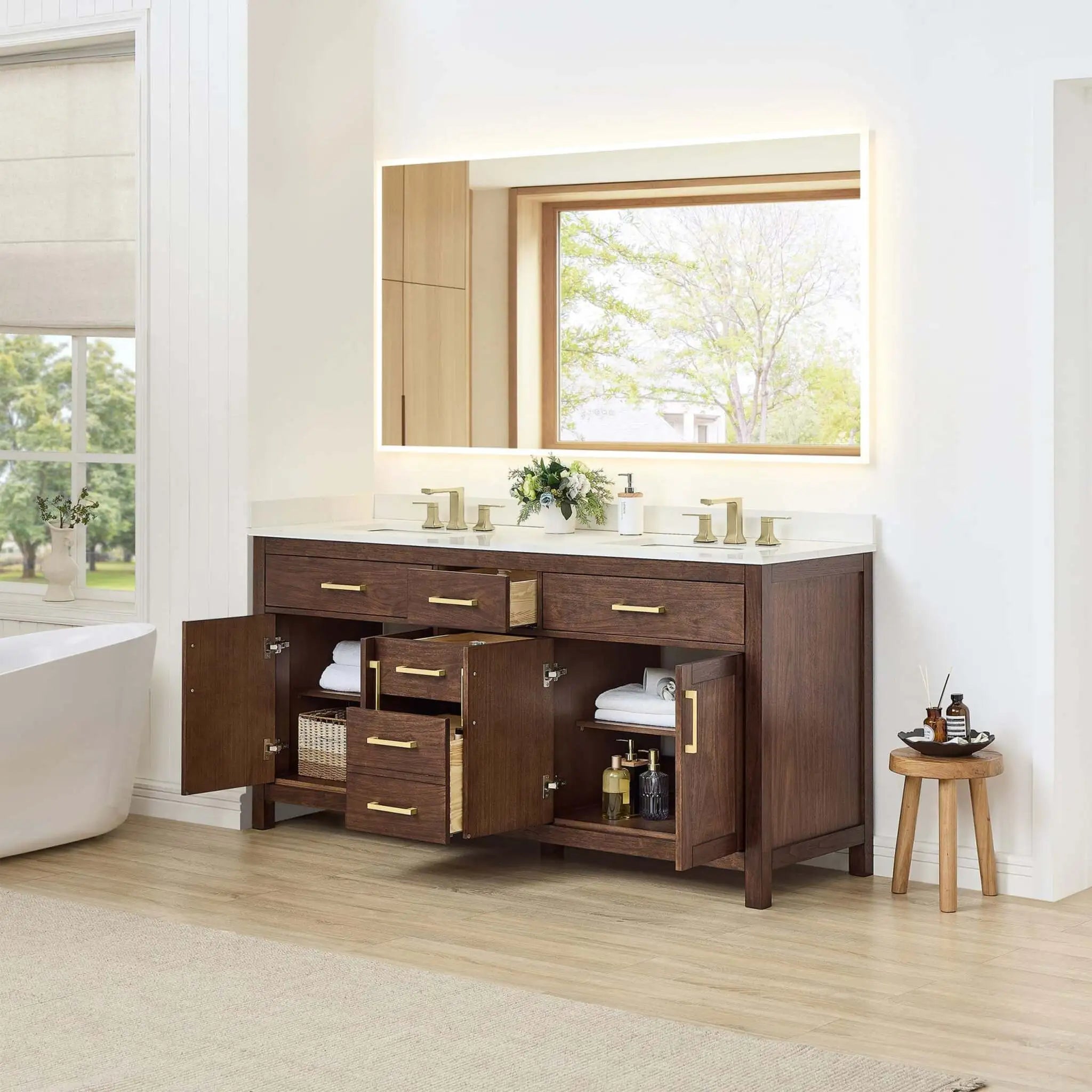 72" Beckett Double Bathroom Vanity in Dark Walnut with Brushed Gold Trim by Wyndham