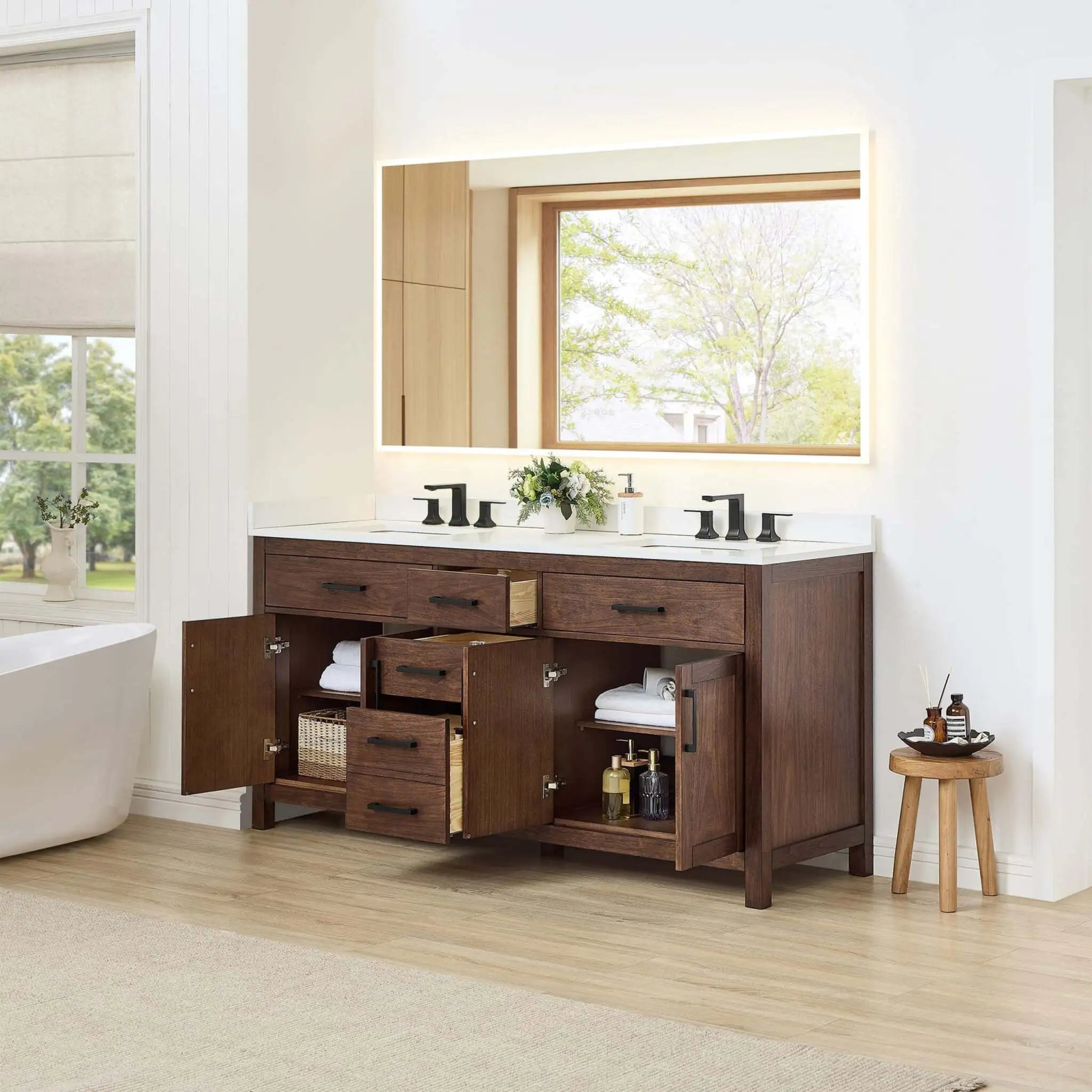 72" Beckett Double Bathroom Vanity in Dark Walnut with Matte Black Trim by Wyndham