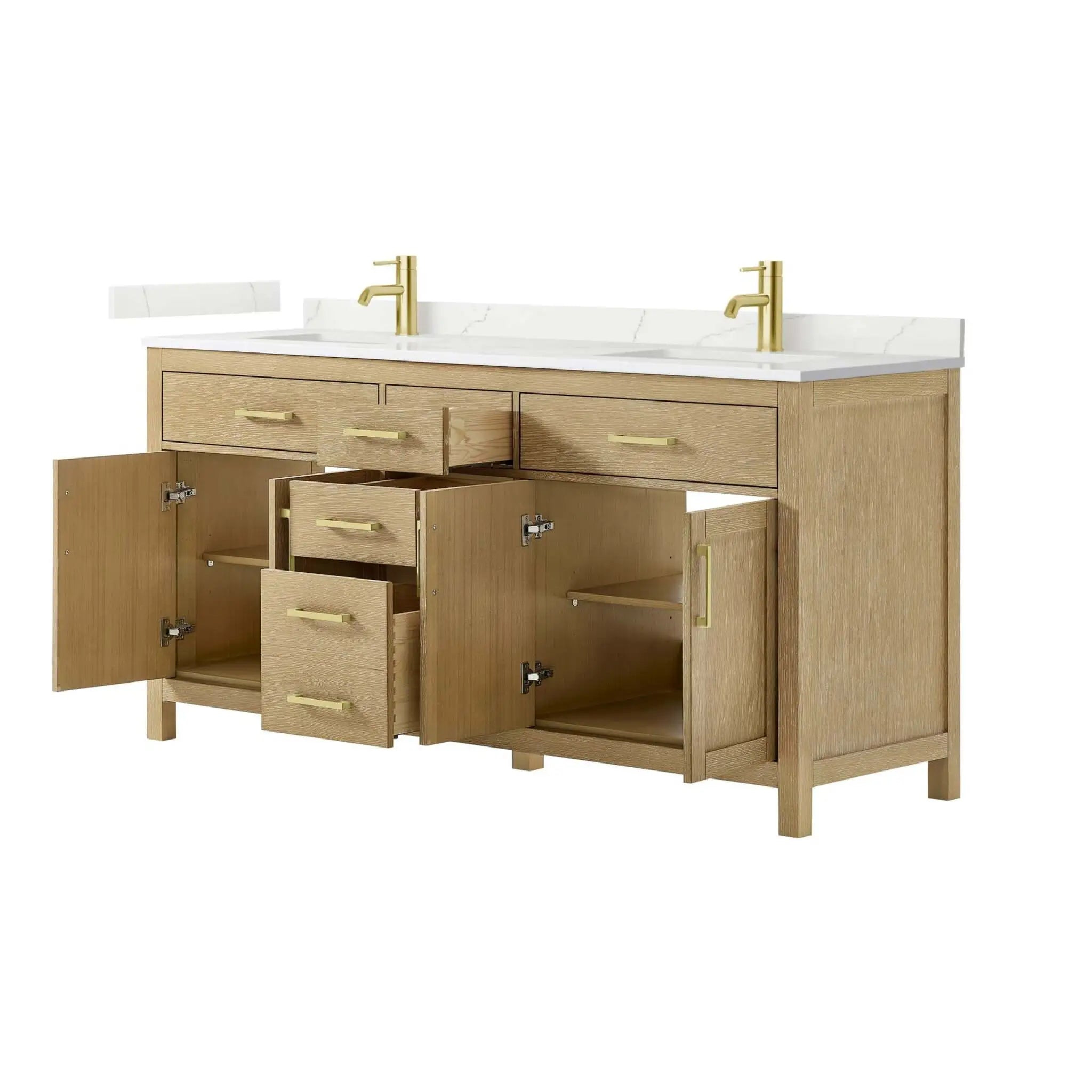 72" Beckett Double Bathroom Vanity in Whitewashed Oak with Brushed Gold Trim by Wyndham