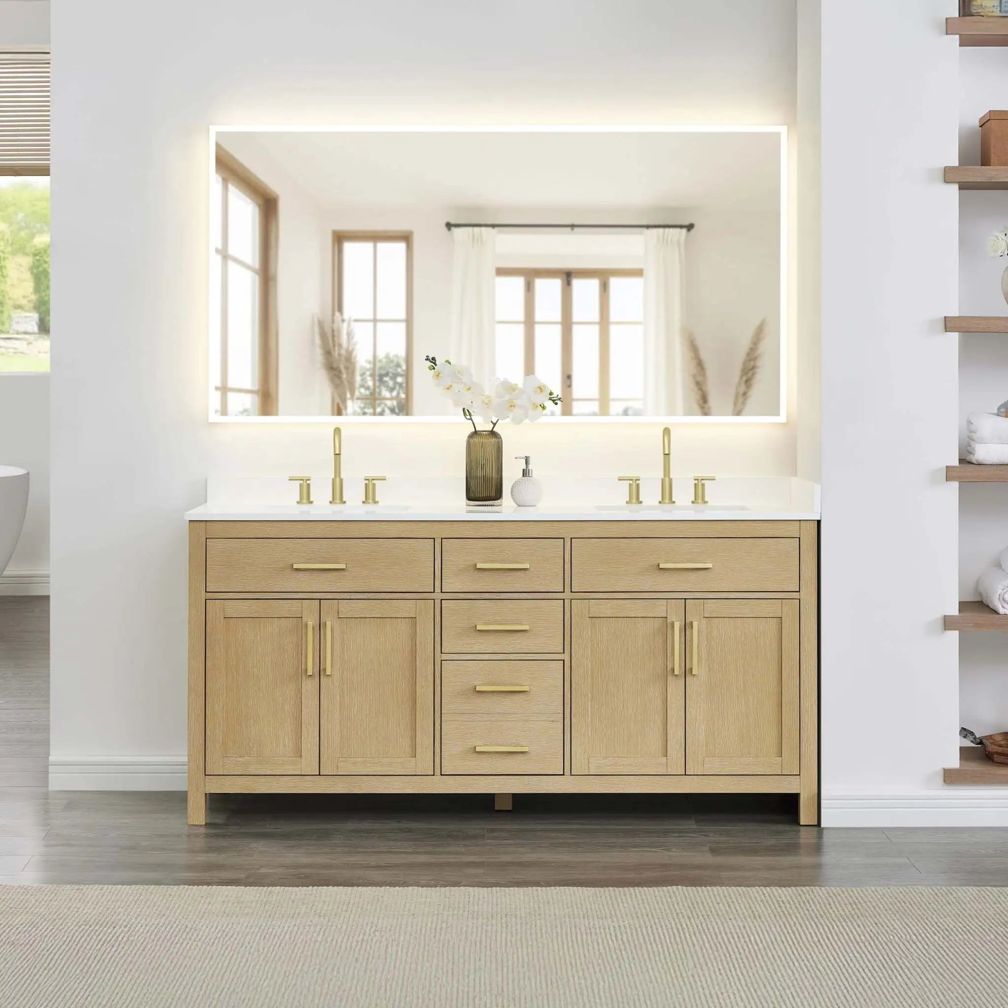 72" Beckett Double Bathroom Vanity in Whitewashed Oak with Brushed Gold Trim by Wyndham