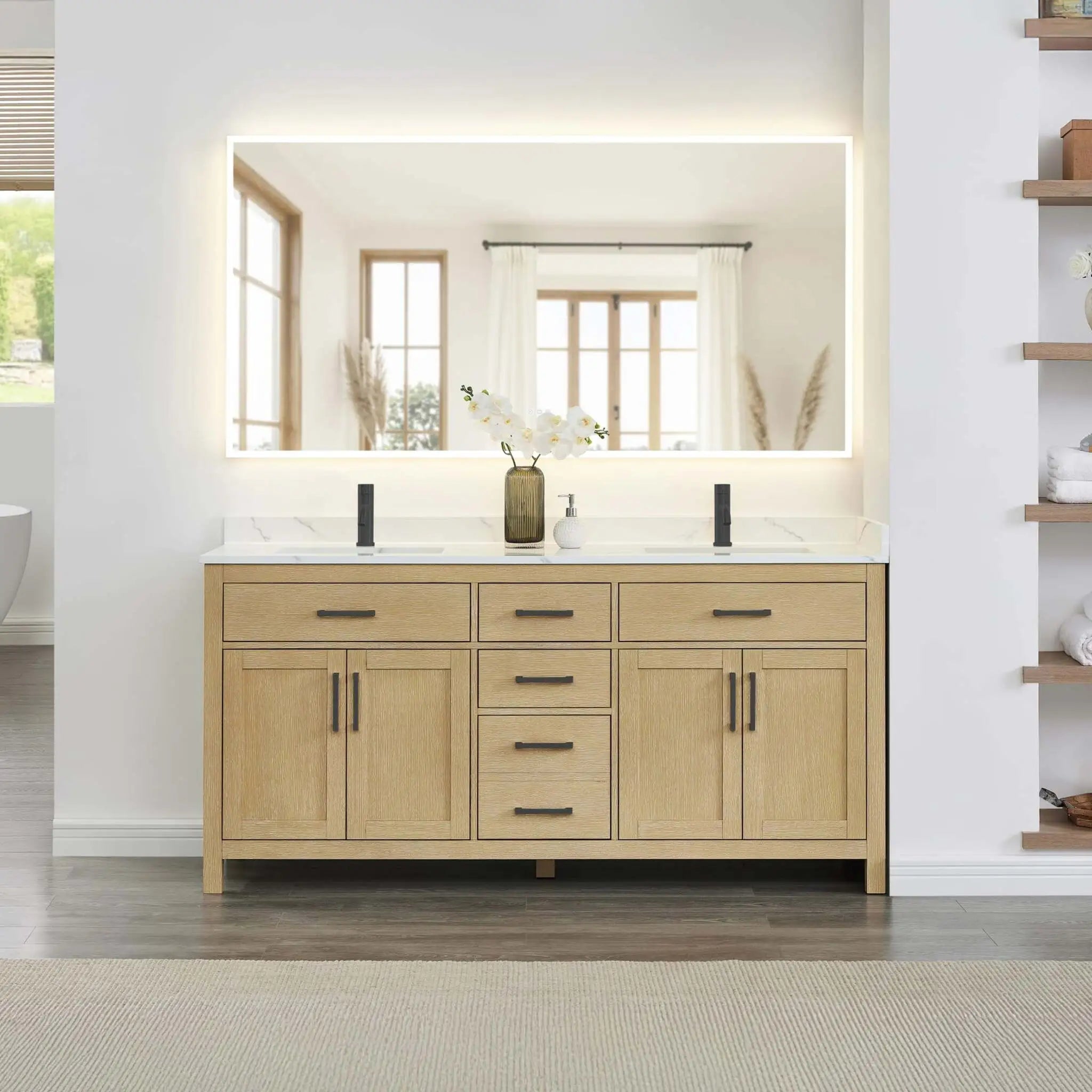 72" Beckett Double Bathroom Vanity in Whitewashed Oak with Matte Black Trim by Wyndham