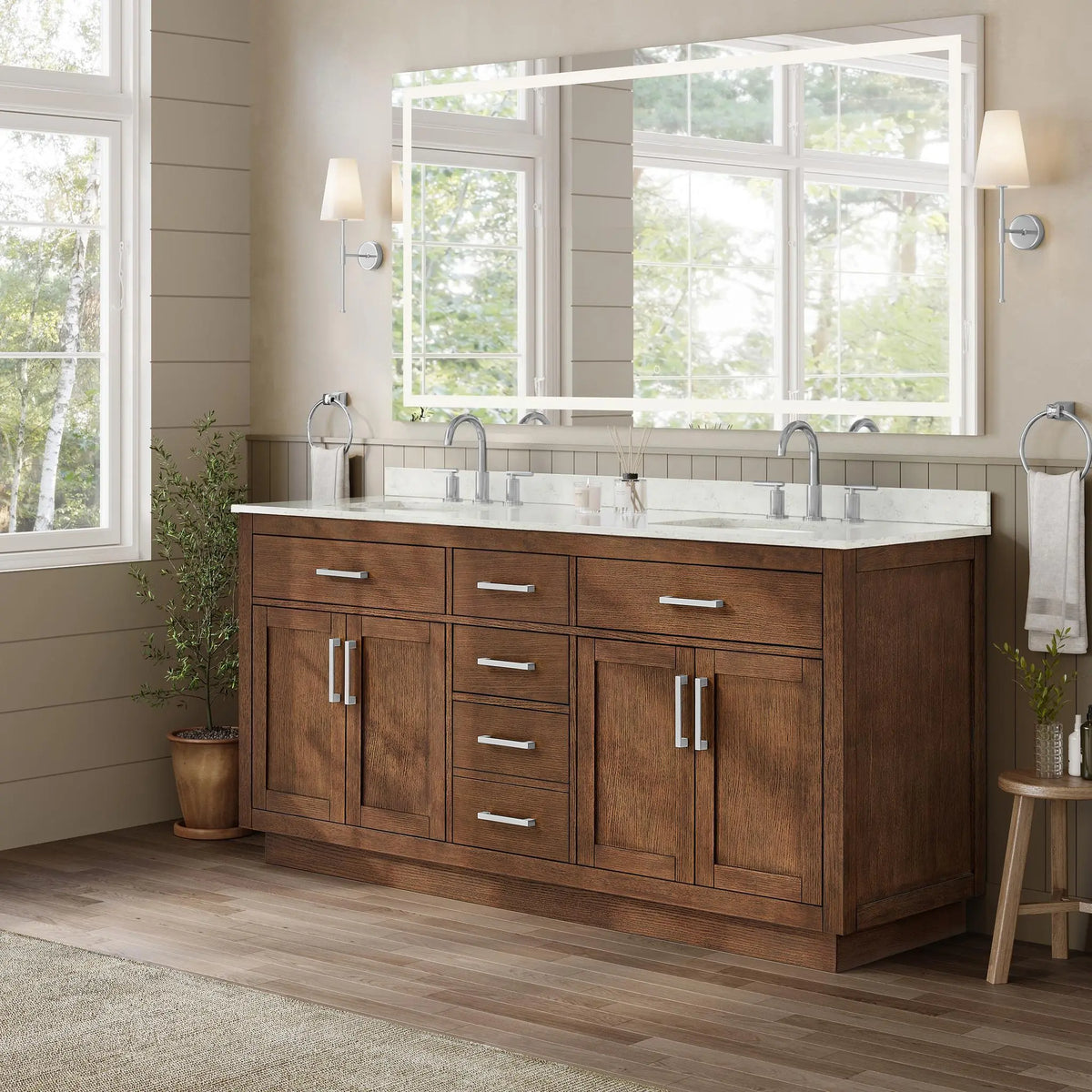 72" Beckett Double Bathroom Vanity with Toe Kick Dark Oak Brushed Nickel Trim by wyndham View 12
