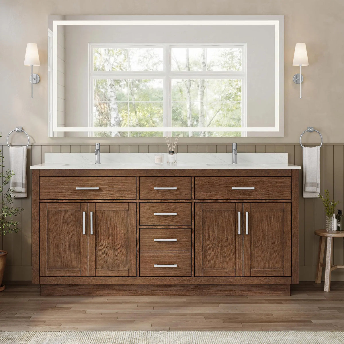 72" Beckett Double Bathroom Vanity with Toe Kick Dark Oak Brushed Nickel Trim by wyndham View 24