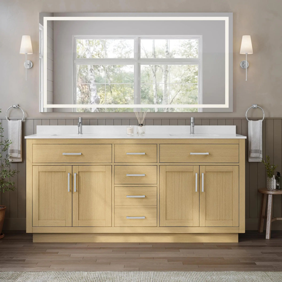 72" Beckett Double Bathroom Vanity with Toe Kick Rift Oak Brushed Nickel Trim by wyndham View 9