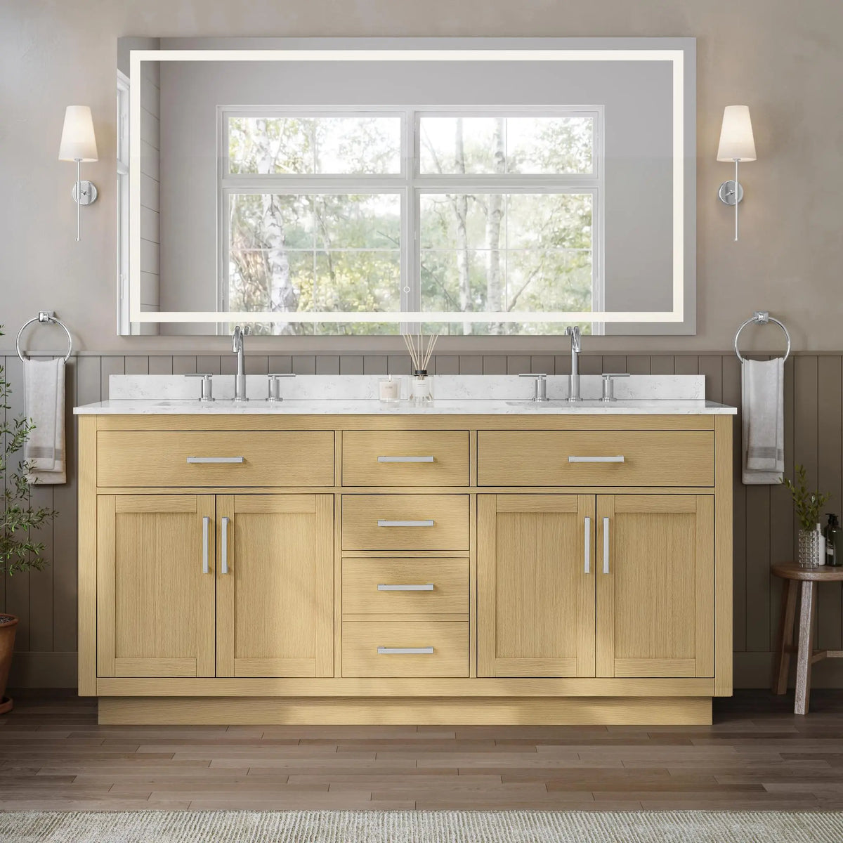 72" Beckett Double Bathroom Vanity with Toe Kick Rift Oak Brushed Nickel Trim by wyndham View 14