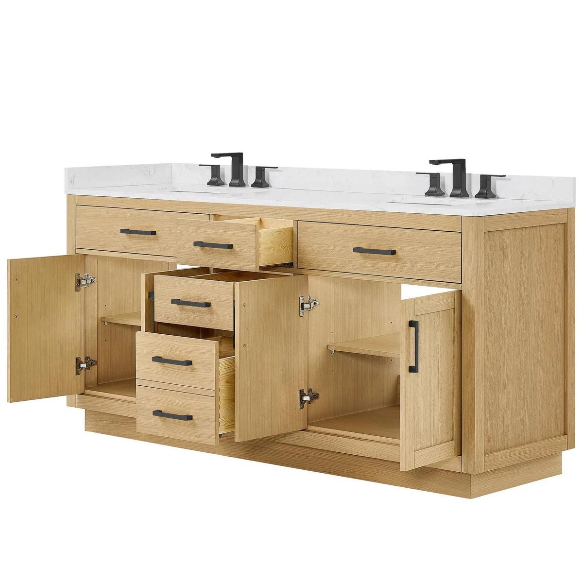 72" Beckett Double Bathroom Vanity with Toe Kick Rift Oak Matte Black Trim by wyndham View 13