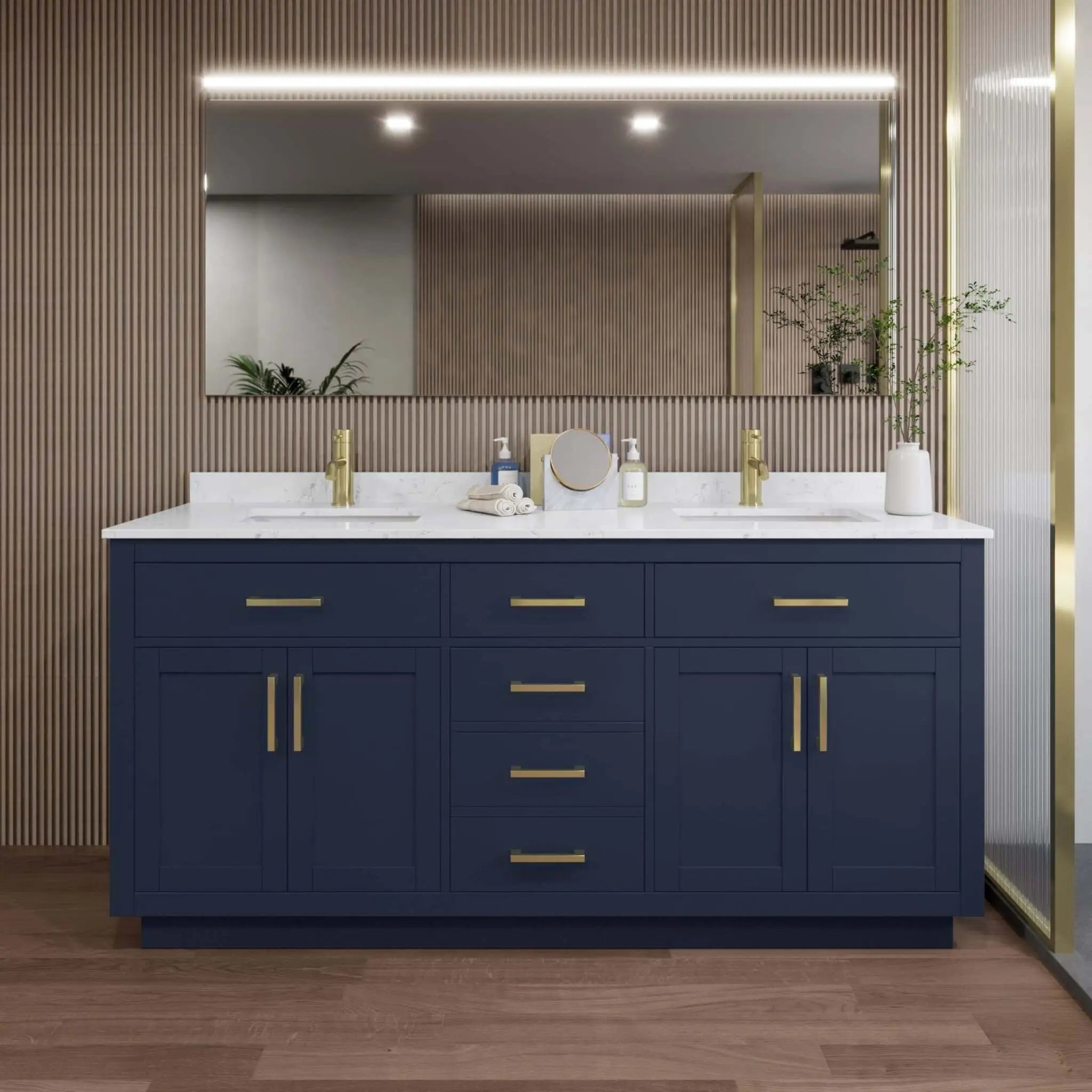 72" Beckett TK Beckett Double Bathroom Vanity with Toe Kick in Dark Blue with Brushed Gold Trim by Wyndham
