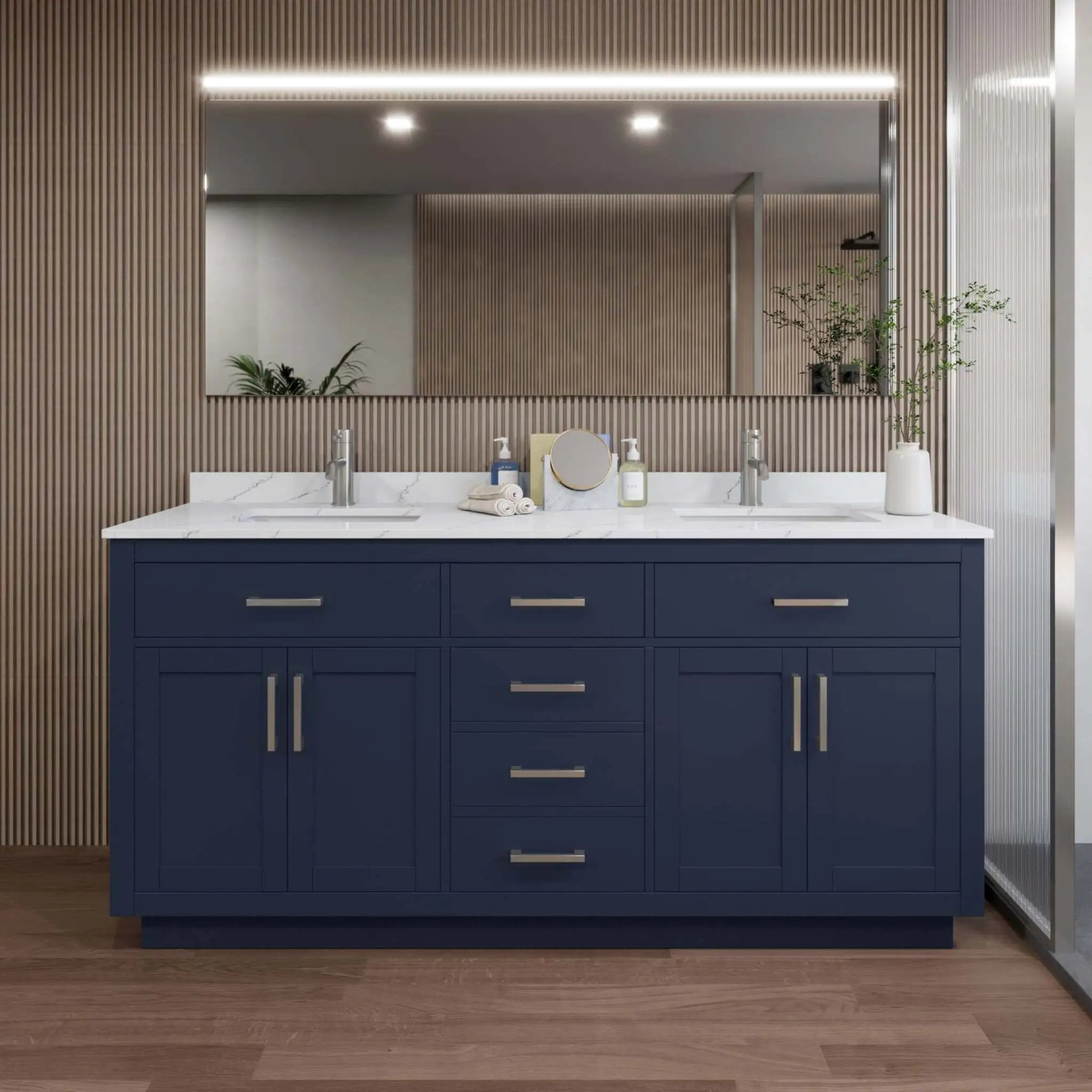72" Beckett TK Beckett Double Bathroom Vanity with Toe Kick in Dark Blue with Brushed Nickel Trim by Wyndham