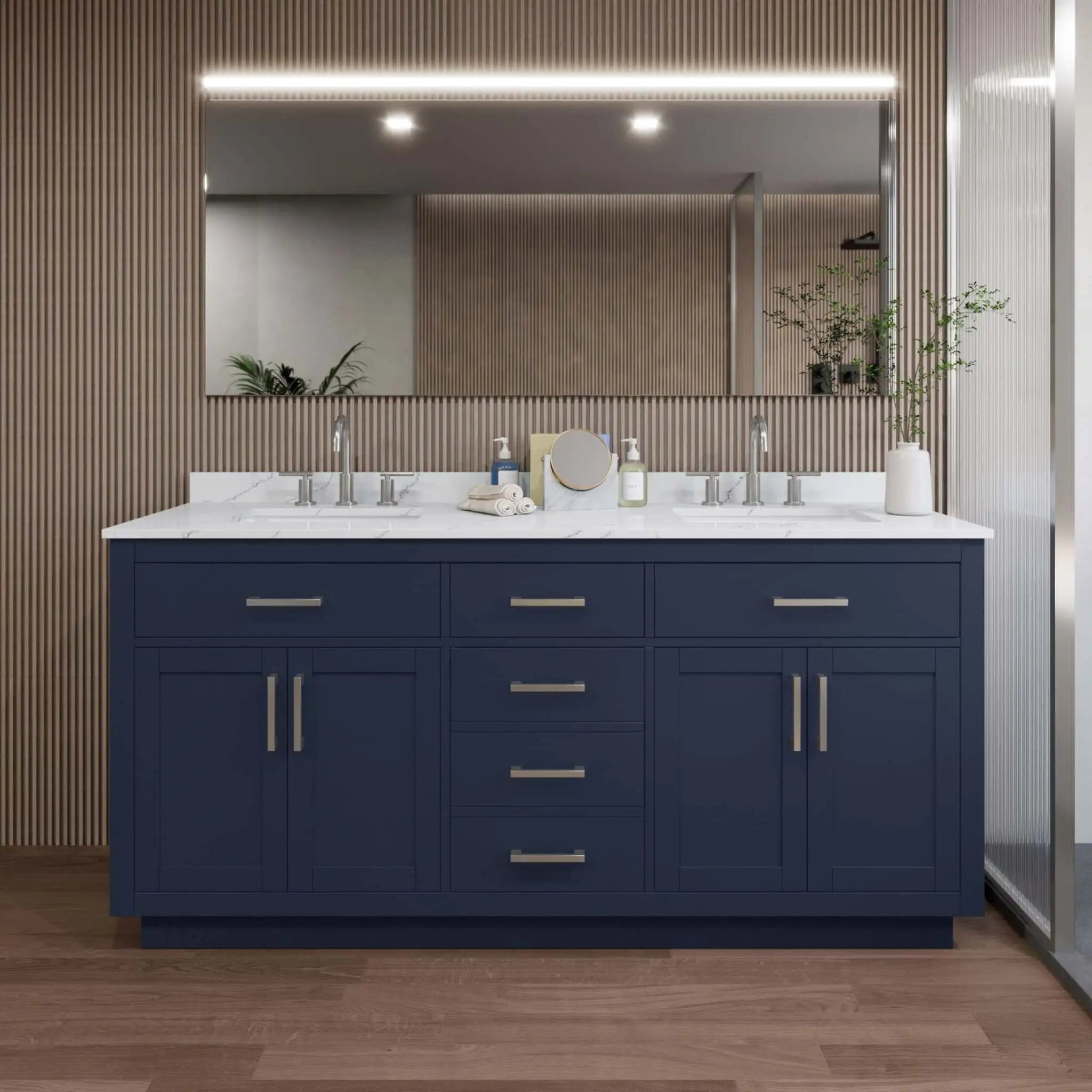 72" Beckett TK Beckett Double Bathroom Vanity with Toe Kick in Dark Blue with Brushed Nickel Trim by Wyndham