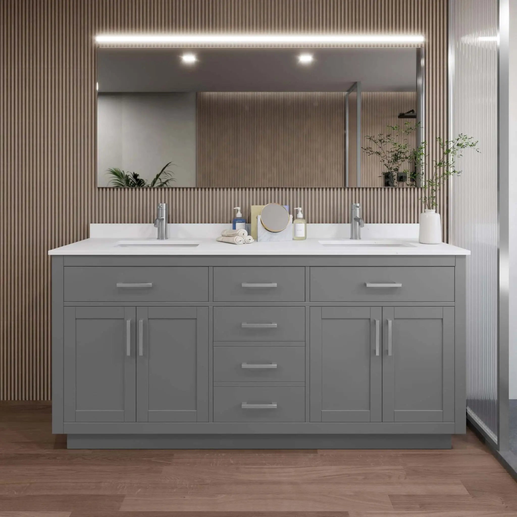 72" Beckett TK Beckett Double Bathroom Vanity with Toe Kick in Dark Gray with Brushed Nickel Trim by Wyndham
