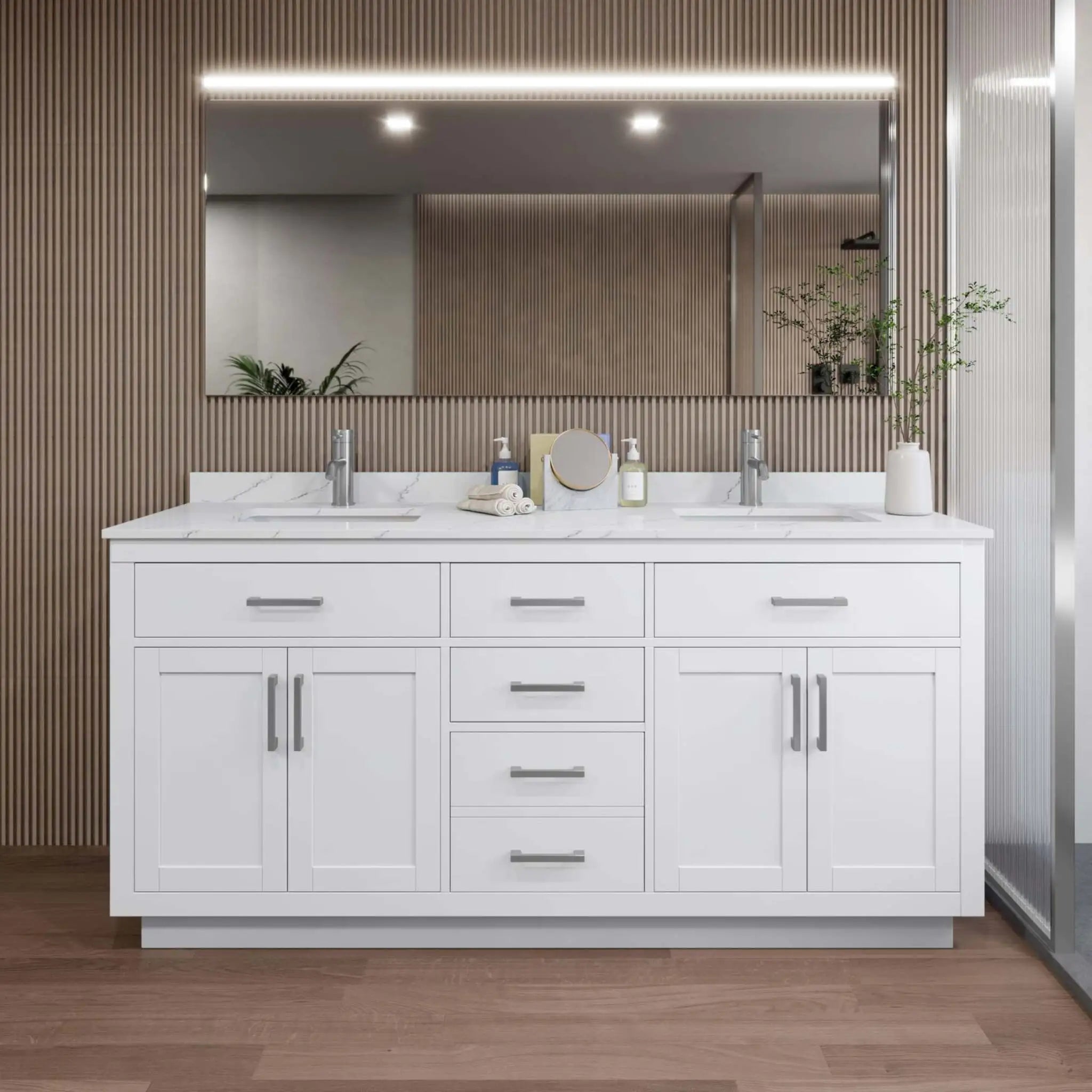 72" Beckett TK Beckett Double Bathroom Vanity with Toe Kick in White with Brushed Nickel Trim by Wyndham