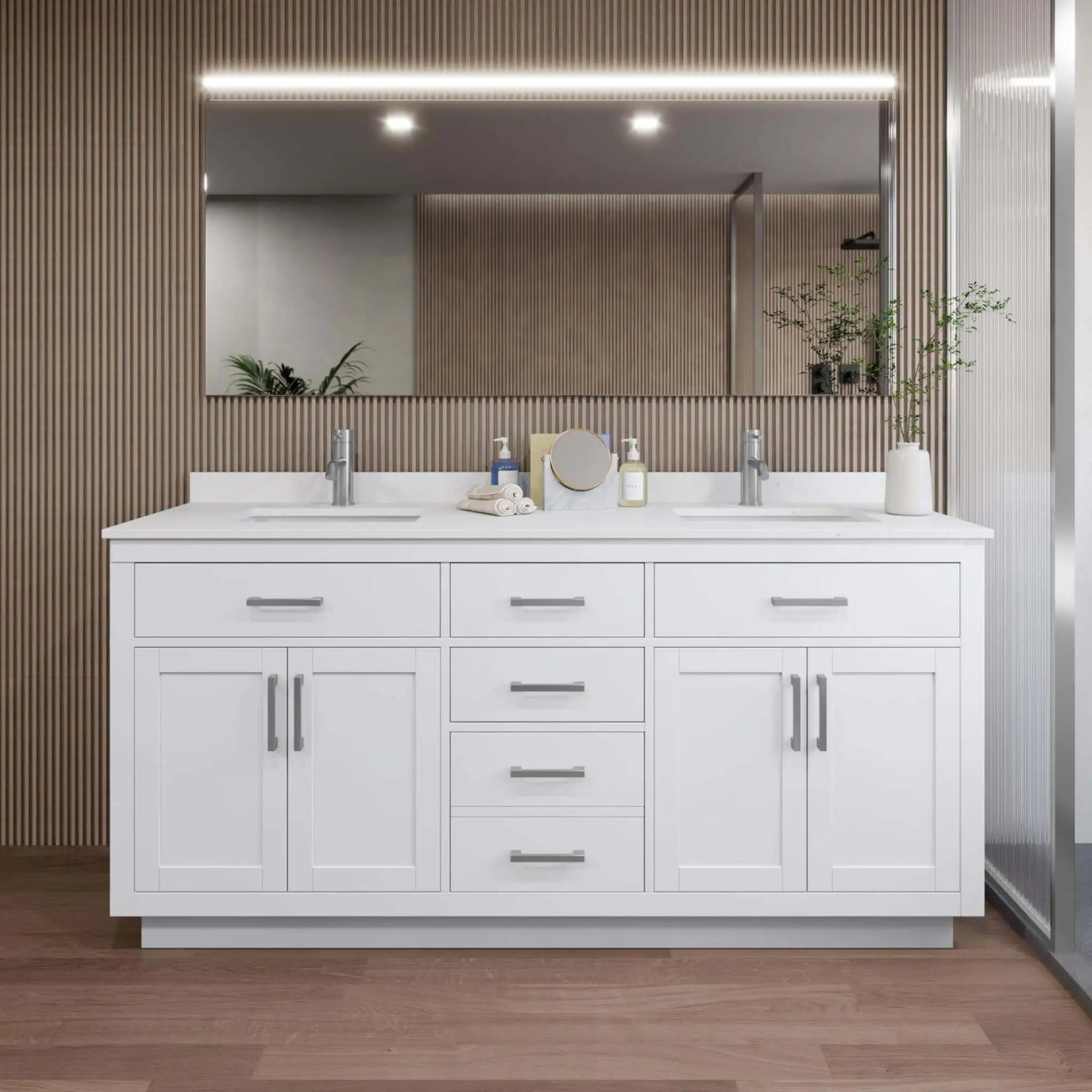 72" Beckett TK Beckett Double Bathroom Vanity with Toe Kick in White with Brushed Nickel Trim by Wyndham
