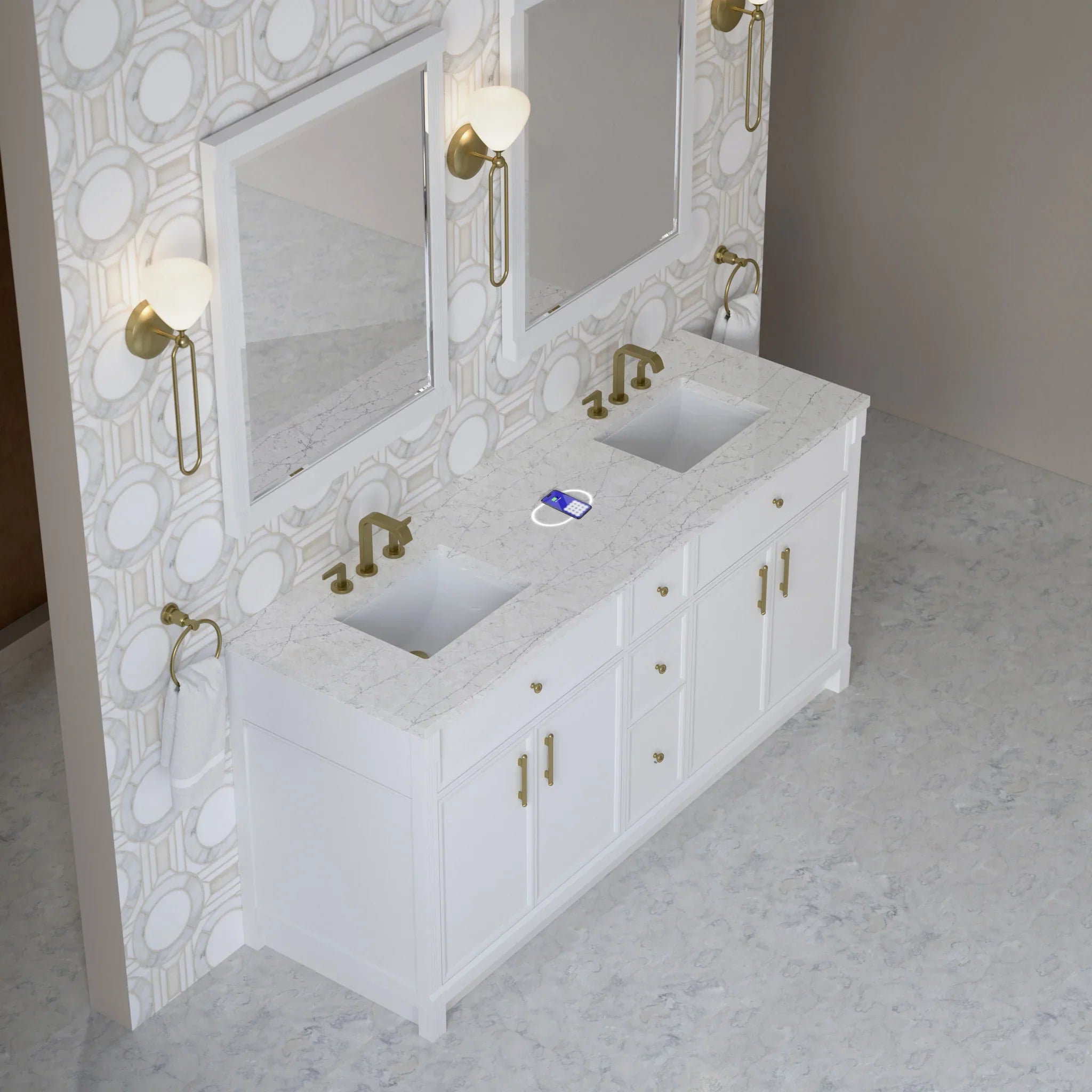 72" Bellshire Double Vanity in Bright White w/FreePower Wireless Charger by James Martin Vanities-Eternal Jasmine Pearl Silestone 5