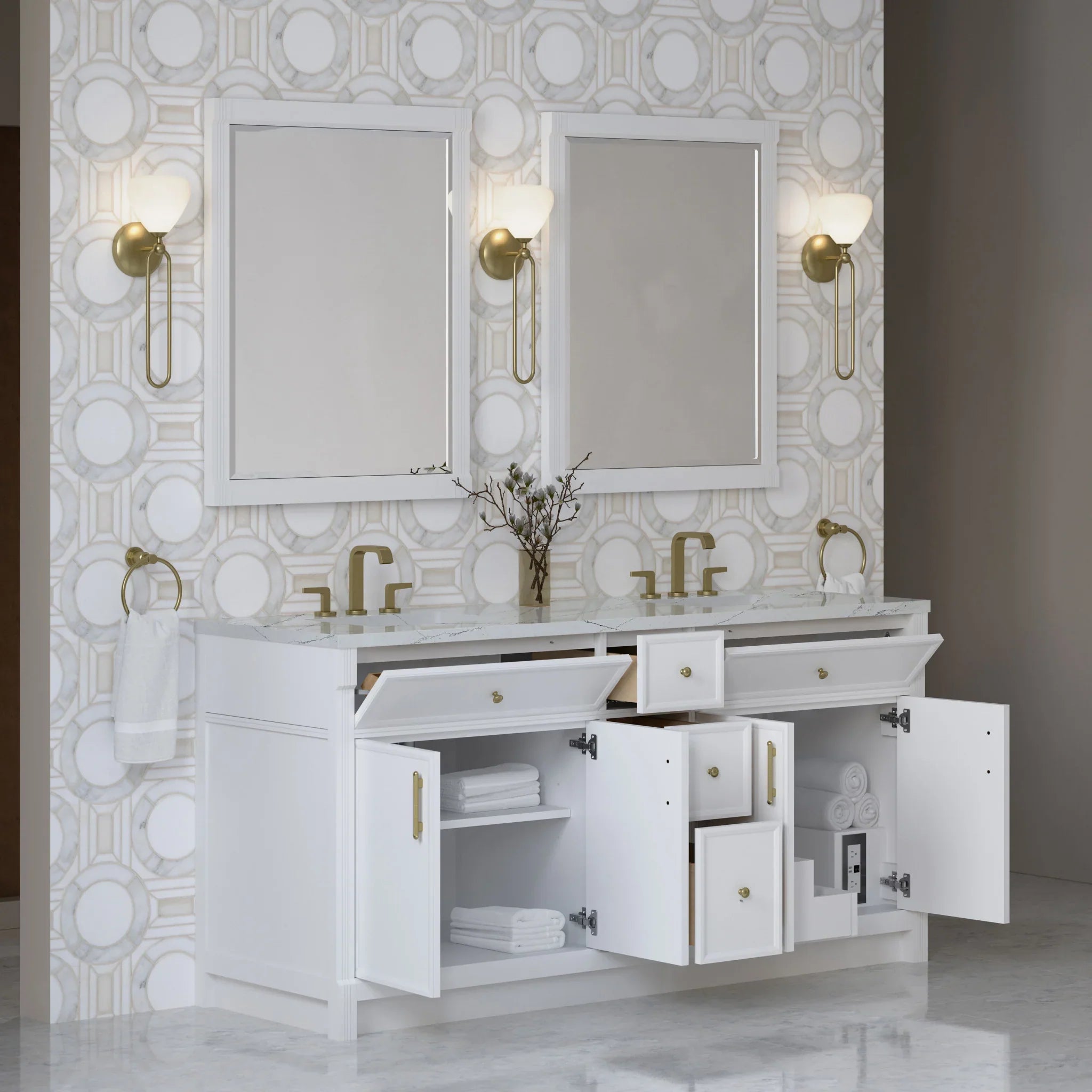 72" Bellshire Double Vanity in Bright White w/FreePower Wireless Charger by James Martin Vanities-Ethereal Noctis Silestone 3
