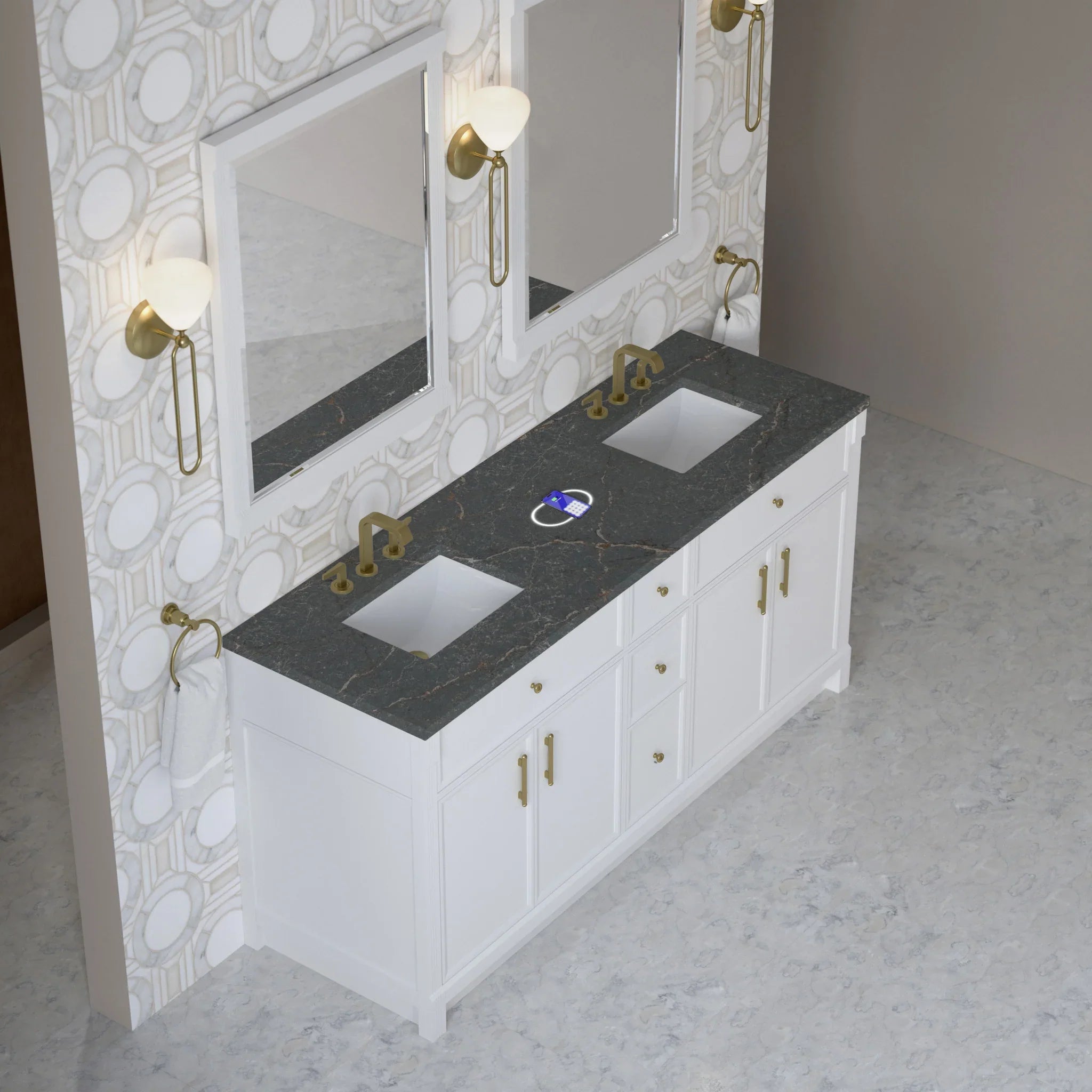 72" Bellshire Double Vanity in Bright White w/FreePower Wireless Charger by James Martin Vanities-Parisien Bleu Silestone 2