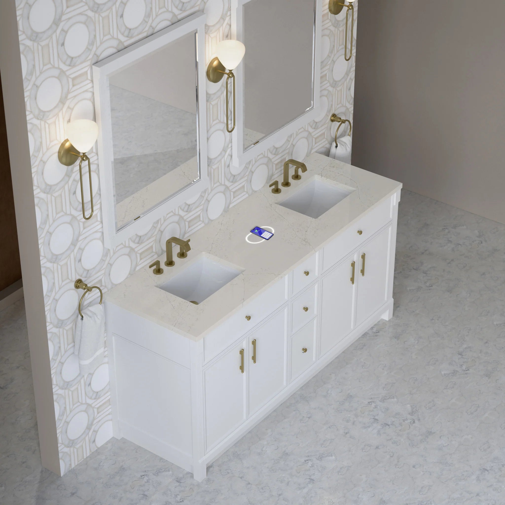 72" Bellshire Double Vanity in Bright White w/FreePower Wireless Charger by James Martin Vanities-Siberian Silestone 2