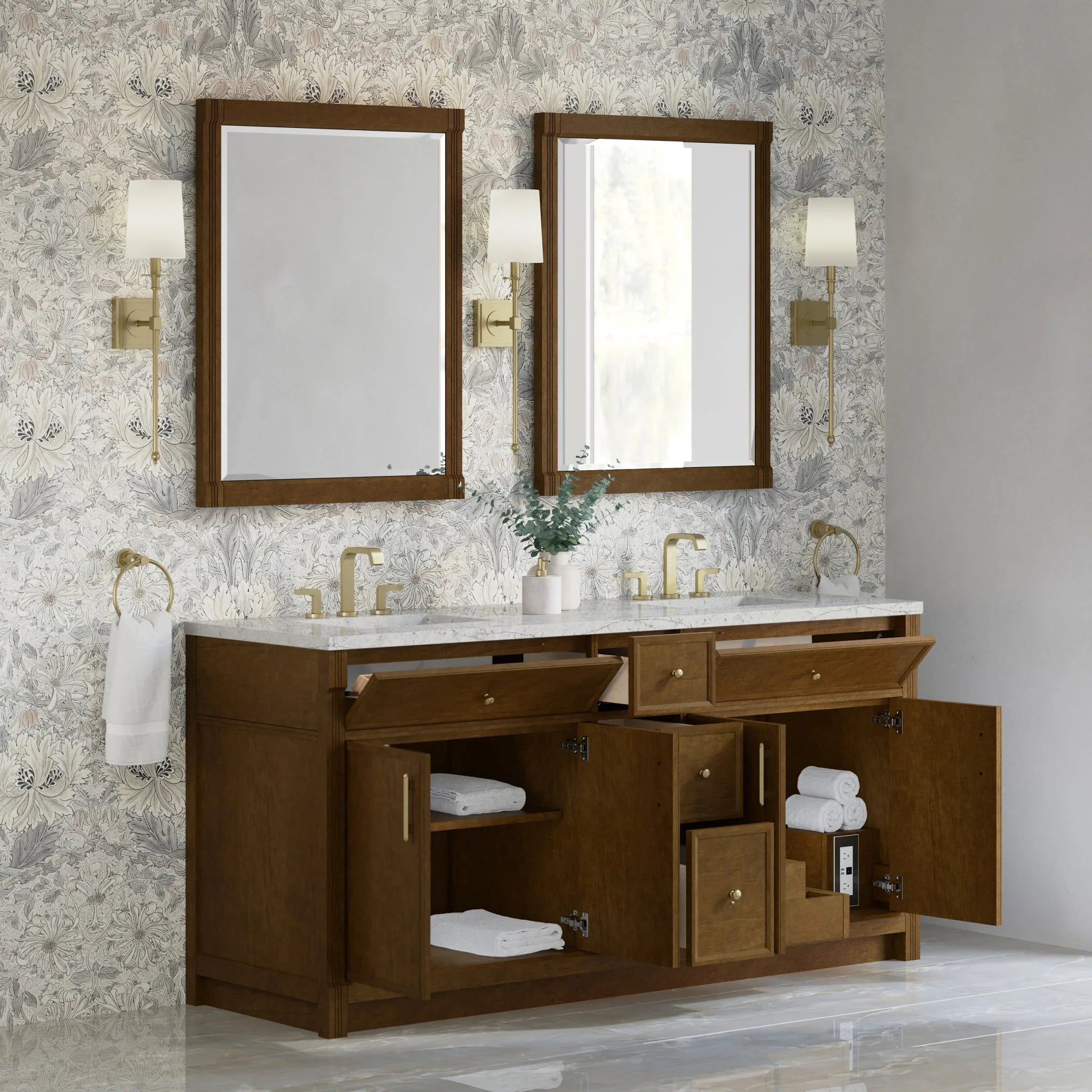 72" Bellshire Double Vanity in Honey Oak w/FreePower Wireless Charger by James Martin Vanities-Eternal Jasmine Pearl Silestone 3