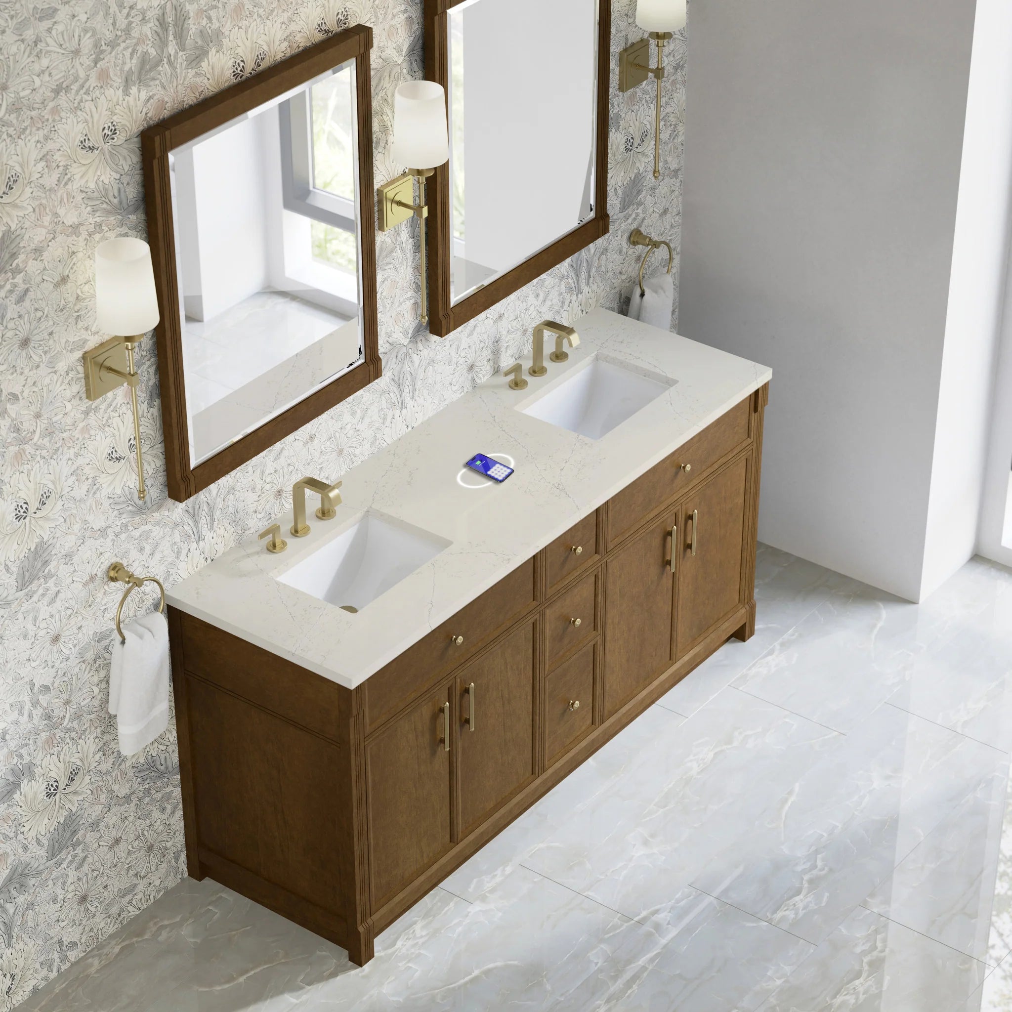 72" Bellshire Double Vanity in Honey Oak w/FreePower Wireless Charger by James Martin Vanities-Siberian Silestone 5