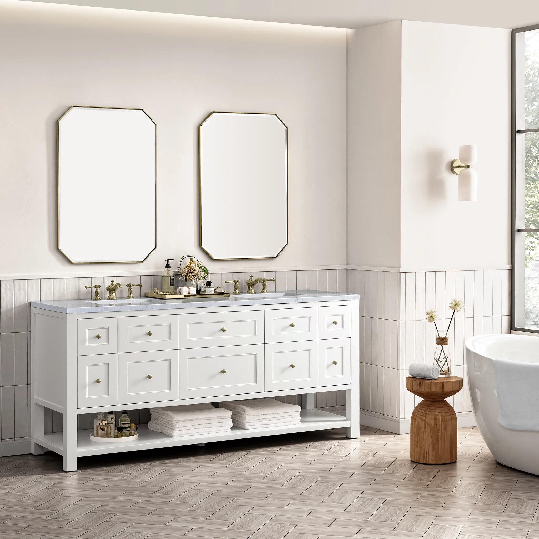 72" Breckenridge Double Vanity Base Only in Bright White-Carrara White Marble-8" Widespread image 2