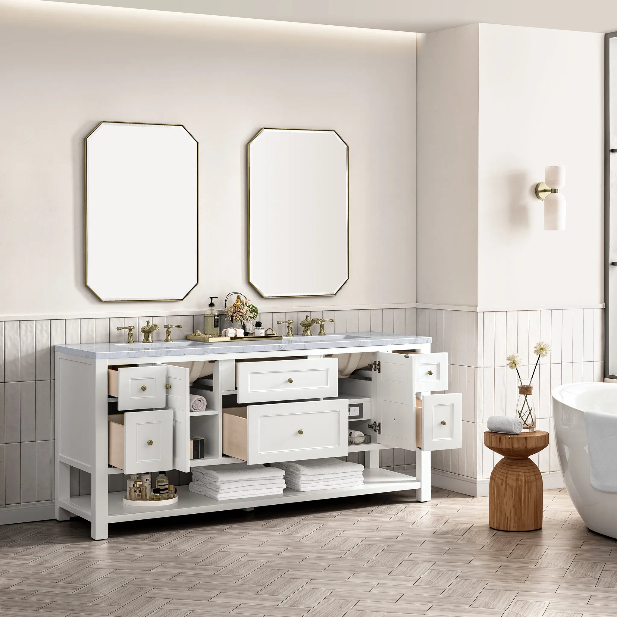 72" Breckenridge Double Vanity Base Only in Bright White-Carrara White Marble-8" Widespread image 3