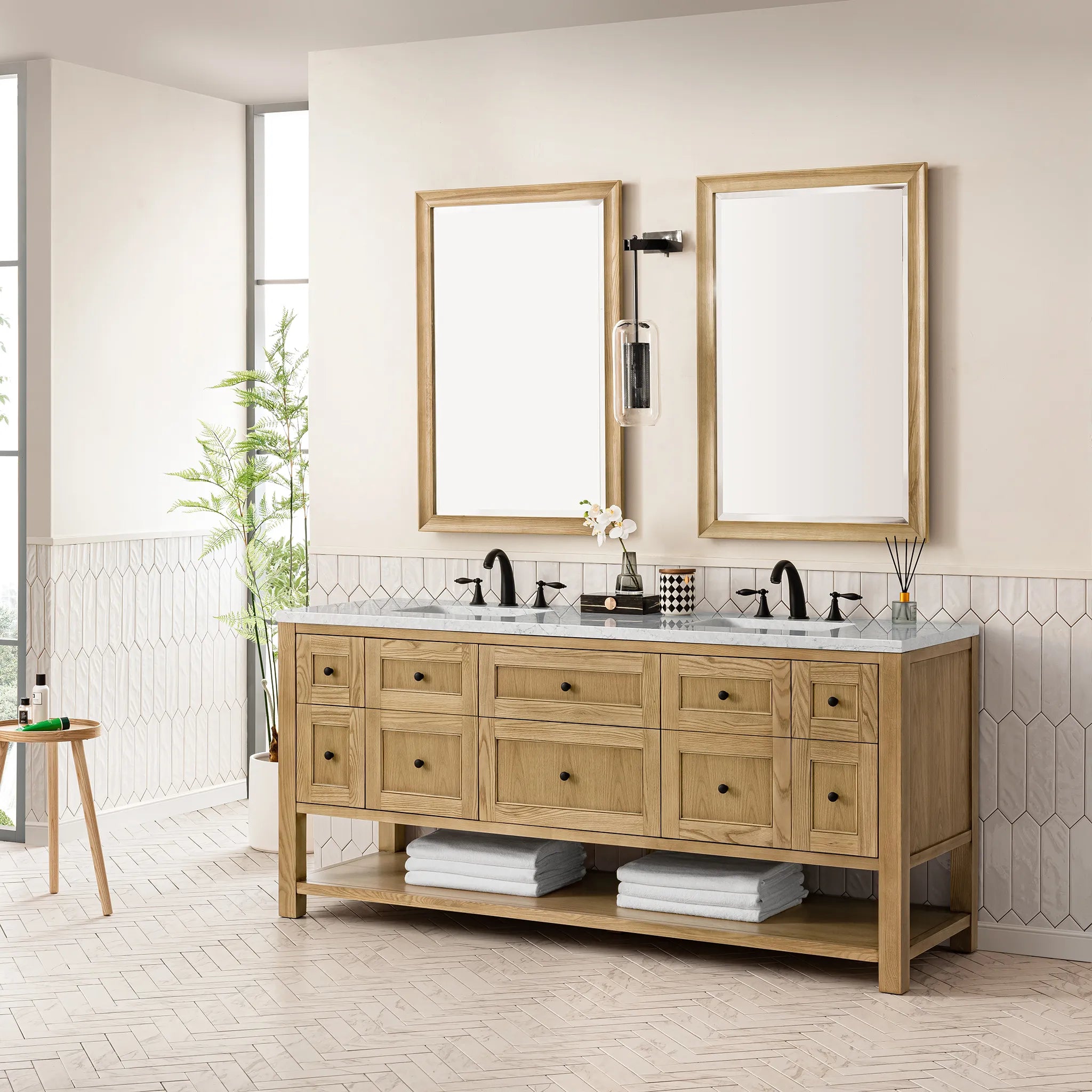 72" Breckenridge Double Vanity Base Only in Light Natural Oak Wireless Charger-Eternal Jasmine Pearl Silestone-8" Widespread image 7