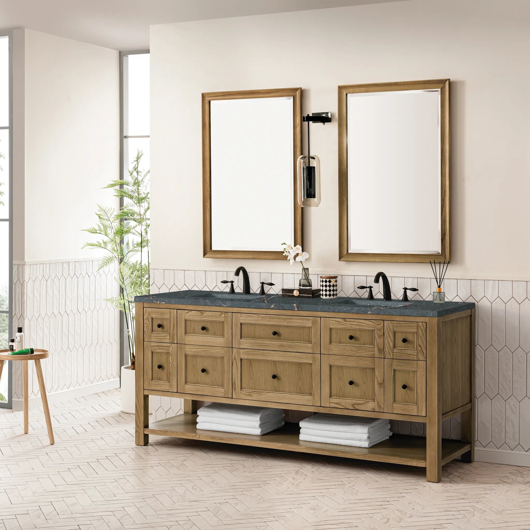 72" Breckenridge Double Vanity Base Only in Light Natural Oak Wireless Charger-Parisien Bleu Silestone-8" Widespread image 5