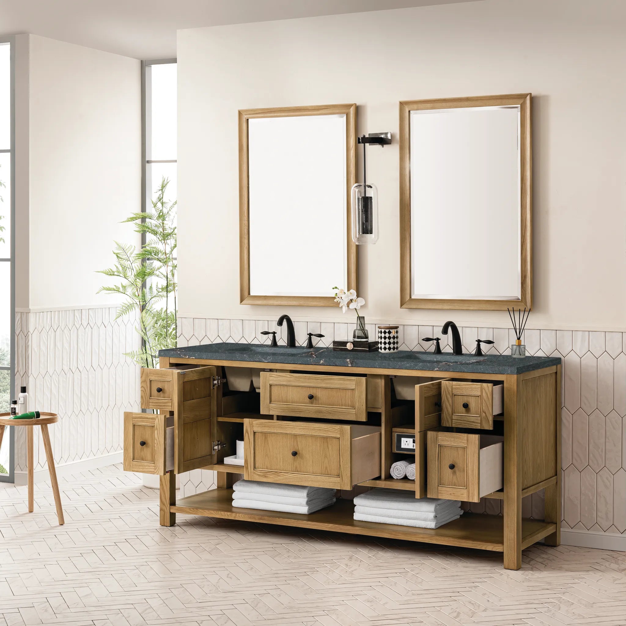 72" Breckenridge Double Vanity Base Only in Light Natural Oak Wireless Charger-Parisien Bleu Silestone-8" Widespread image 6